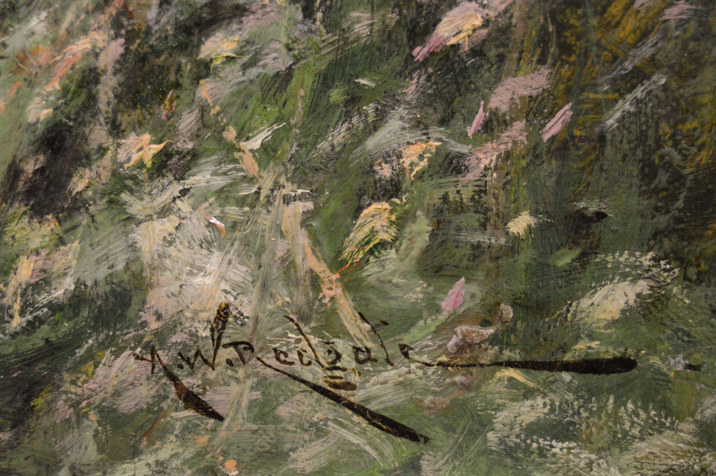 Peinture à l'huile du 19e siècle représentant des canards dans un champ de récolte en vente 2