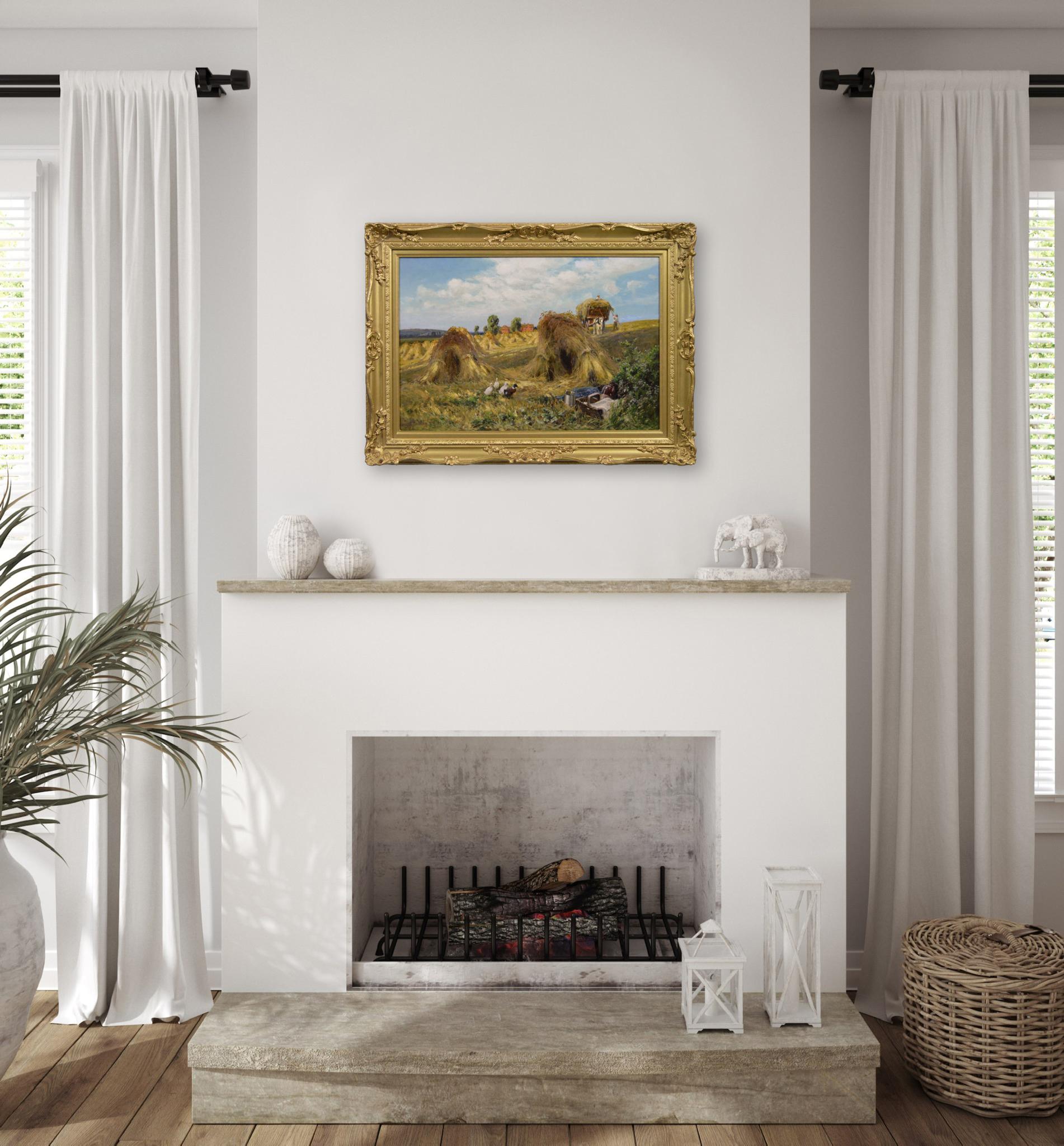 Peinture à l'huile du 19e siècle représentant des canards dans un champ de récolte en vente 3