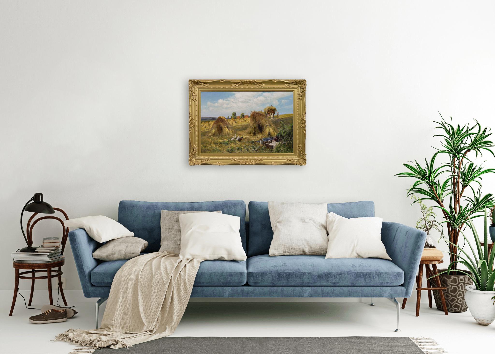 Peinture à l'huile du 19e siècle représentant des canards dans un champ de récolte en vente 4