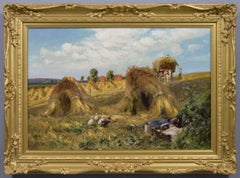 Paesaggio del XIX secolo dipinto a olio con anatre in un campo di grano