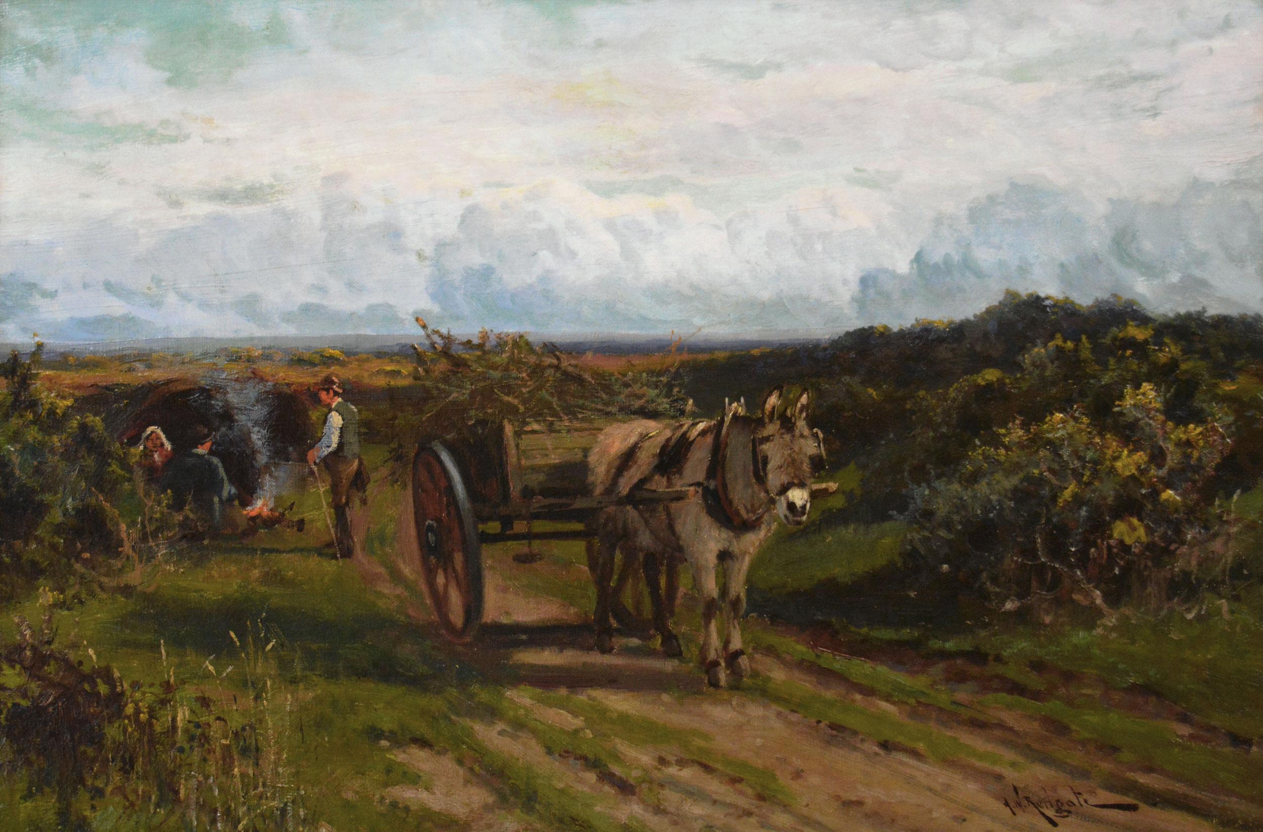 19th Century landscape oil painting of figures with a donkey & cart - Painting by Arthur Walker Redgate