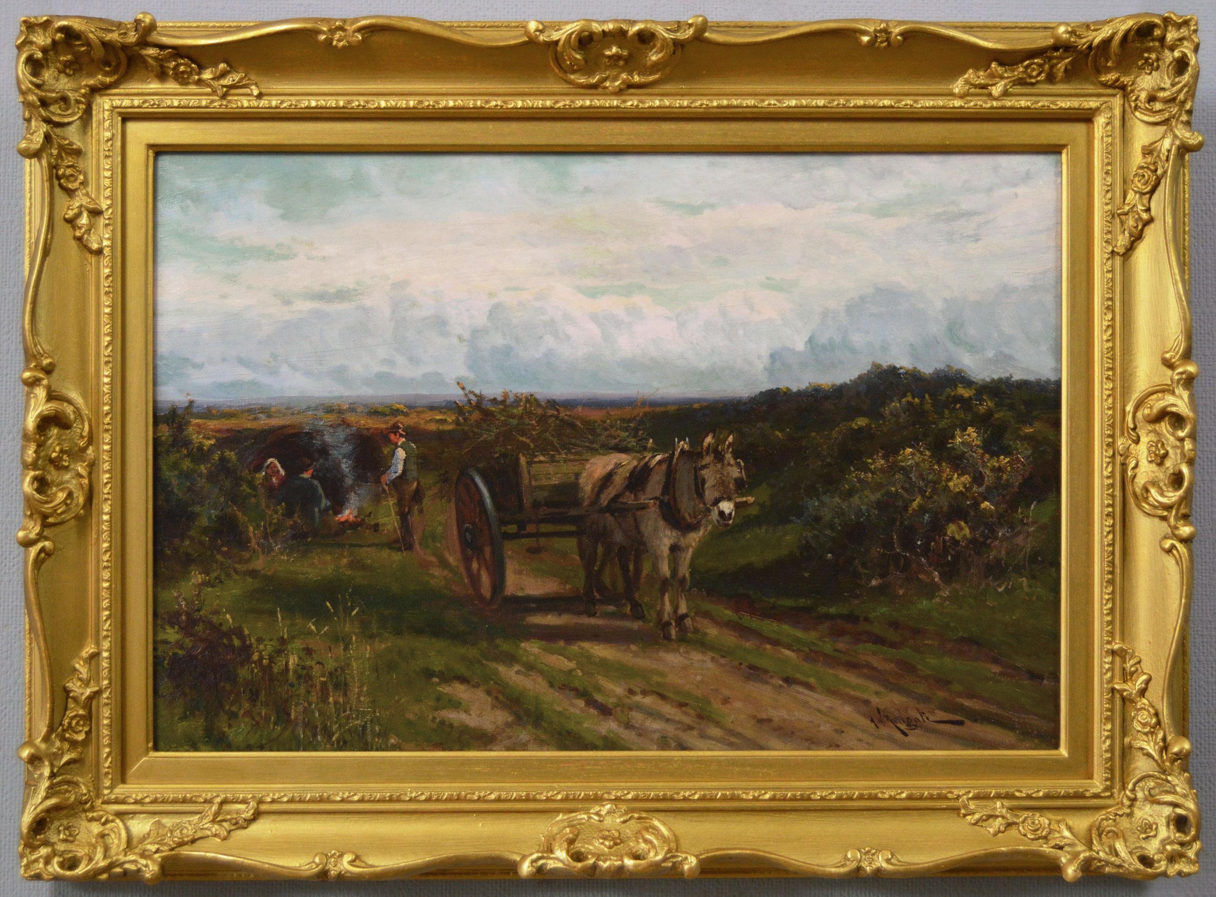 19th Century landscape oil painting of figures with a donkey & cart