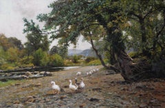 19th Century landscape oil painting of geese by a river