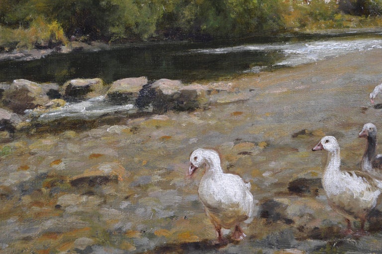 19th Century landscape oil painting of geese by a river - Brown Animal Painting by Arthur Walker Redgate