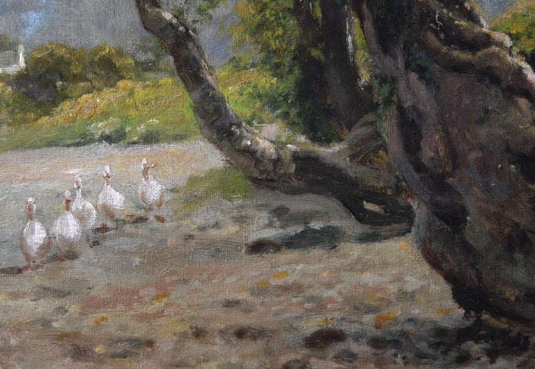 19th Century landscape oil painting of geese by a river For Sale 1