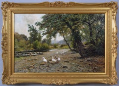 19th Century landscape oil painting of geese by a river