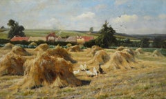 19th Century landscape oil painting of geese in a Nottinghamshire cornfield