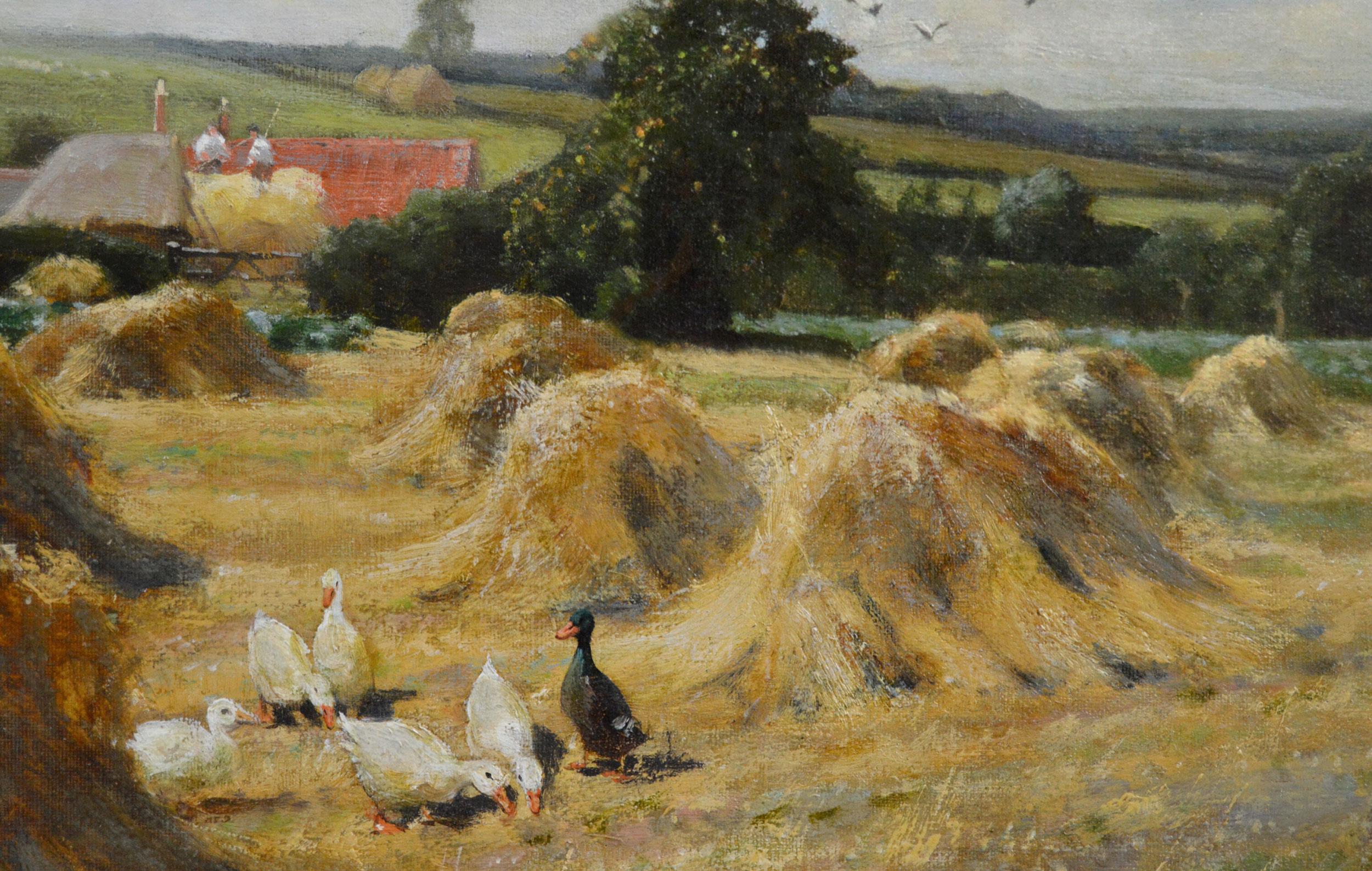 19th Century landscape oil painting of geese in a Nottinghamshire cornfield - Victorian Painting by Arthur Walker Redgate