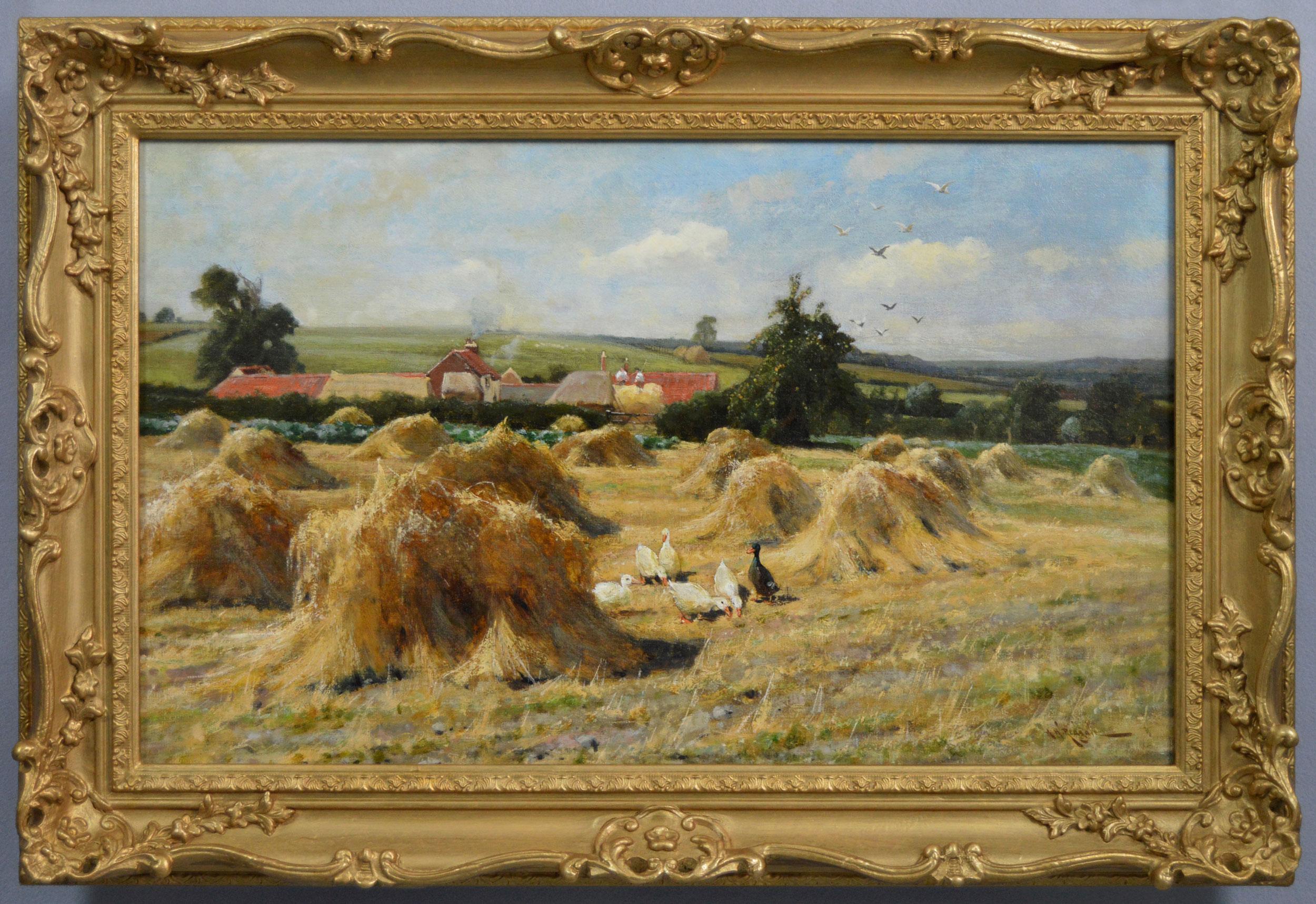 19th Century landscape oil painting of geese in a Nottinghamshire cornfield