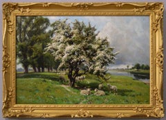 19th Century river landscape oil painting of sheep in a meadow 