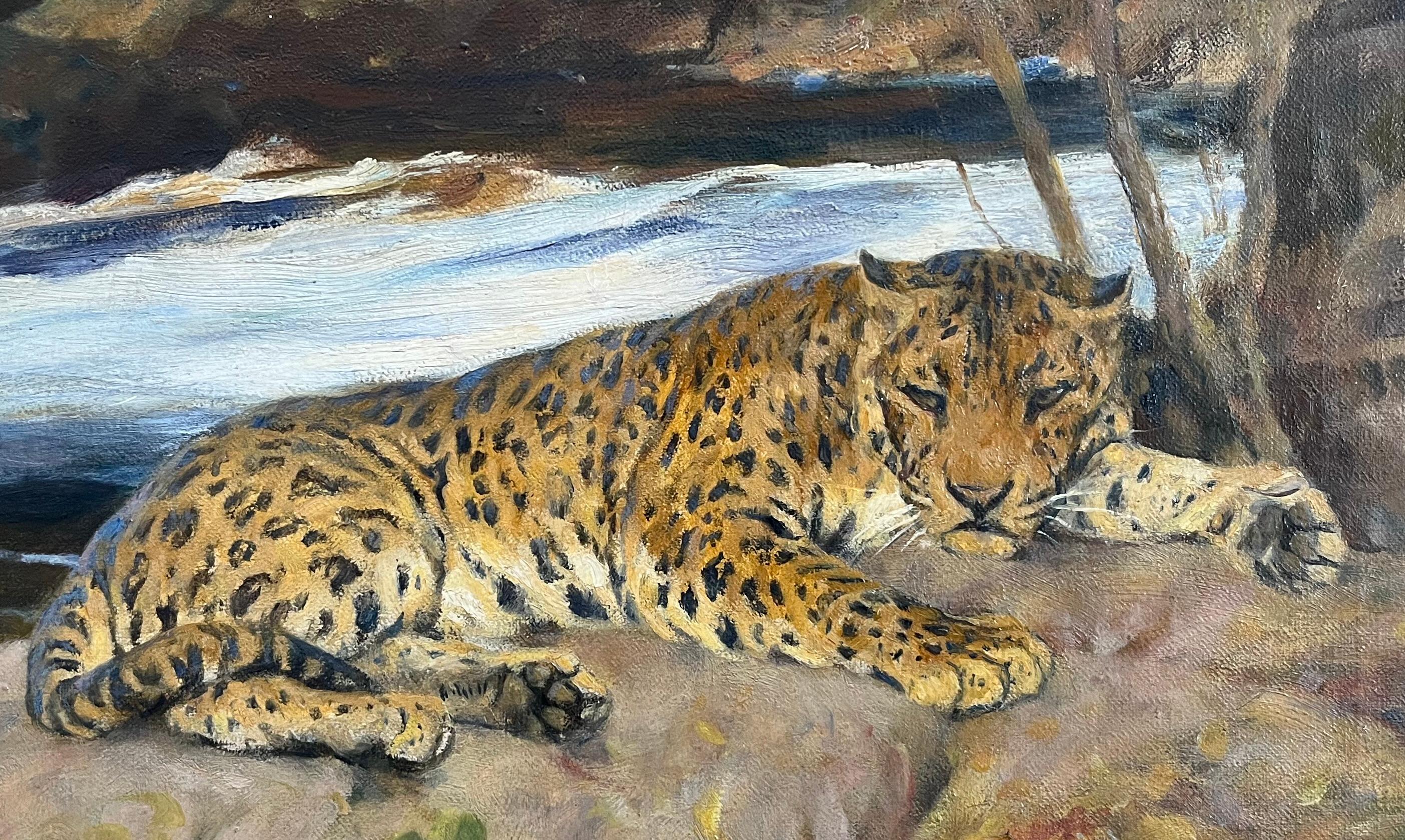 Arthur Wardle, dipinto a olio britannico raffigurante un leopardo che si crogiola vicino a un fiume in vendita 4