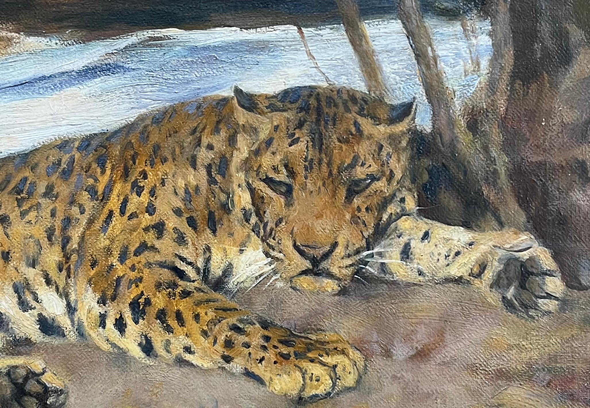 Arthur Wardle, dipinto a olio britannico raffigurante un leopardo che si crogiola vicino a un fiume in vendita 6