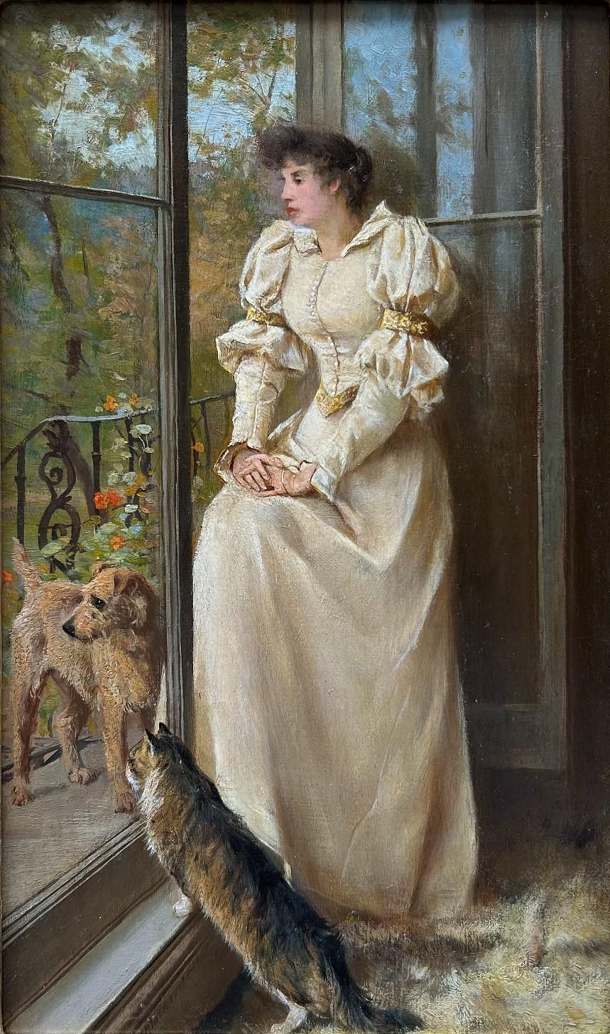 Alla finestra, dipinto a olio della fine del XIX secolo, cornice dorata - Painting Vittoriano di Arthur Wardle
