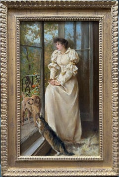 En la ventana, pintura al óleo de finales del siglo XIX, marco dorado