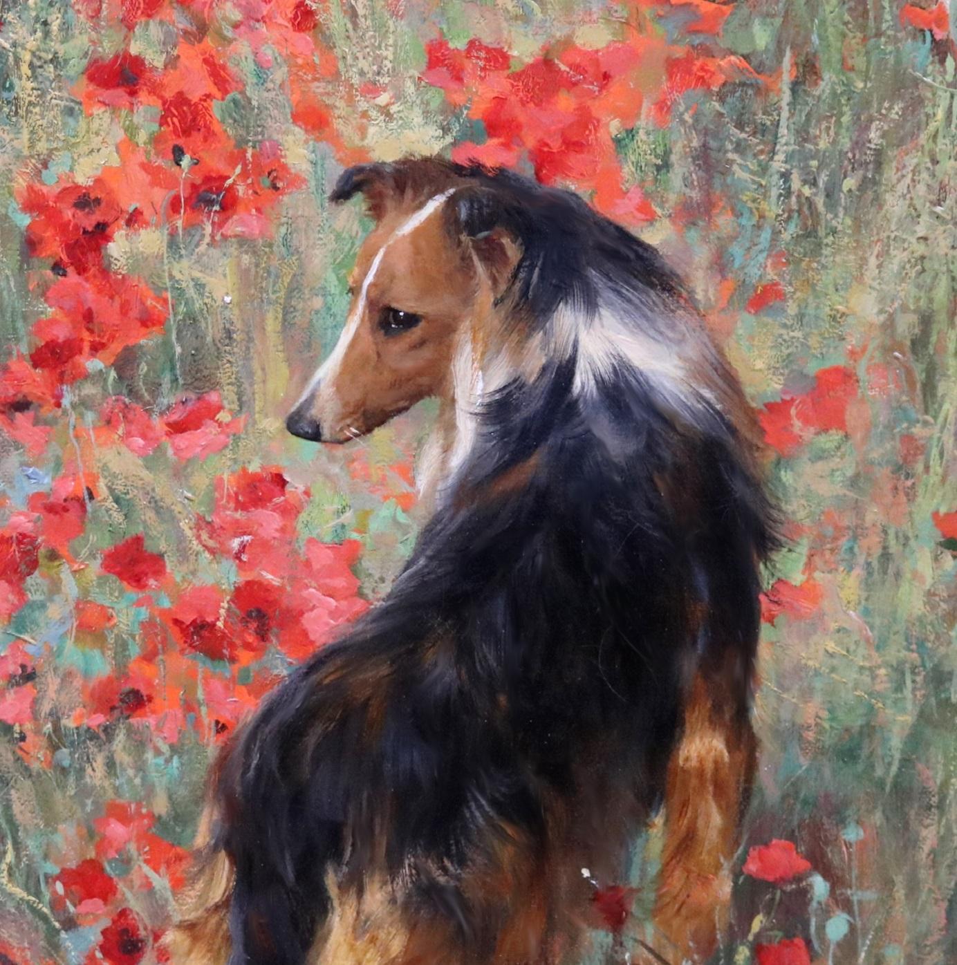 Vigilance Loyalty Devotion - peinture à l'huile édouardienne de la beauté de la société et ses chiens en vente 5