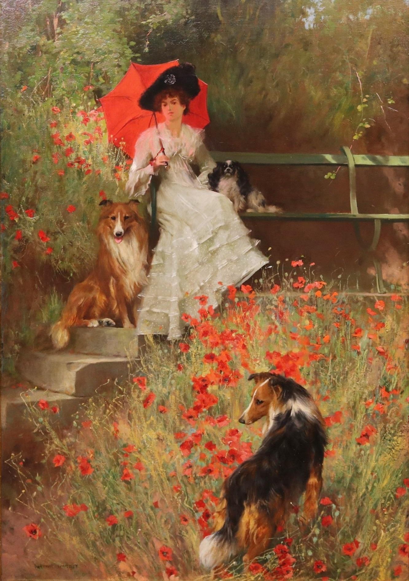 ‘Vigilance, Loyalty, and Devotion’ by Arthur Wardle R.B.C. R.I. (1864-1949).

The painting – which depicts a young Edwardian beauty with parasol surrounded by poppies and three faithful canine companions – is signed by the artist and hangs in a fine