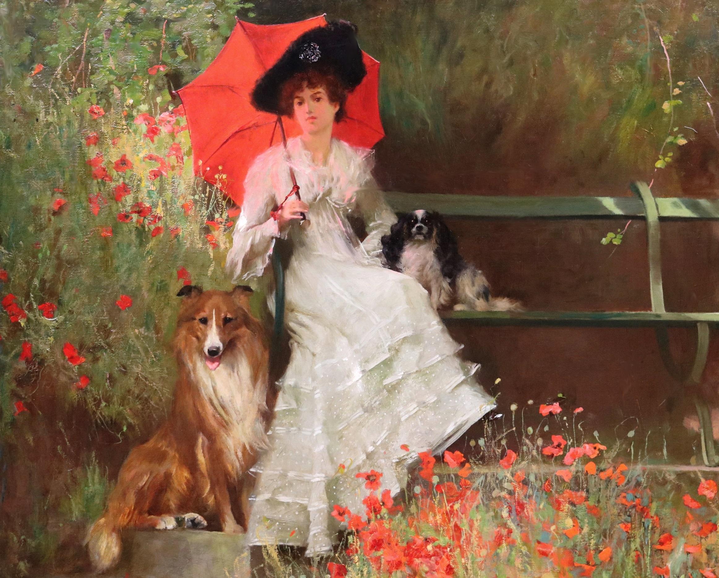 Vigilance Loyalty Devotion - peinture à l'huile édouardienne de la beauté de la société et ses chiens - Marron Animal Painting par Arthur Wardle