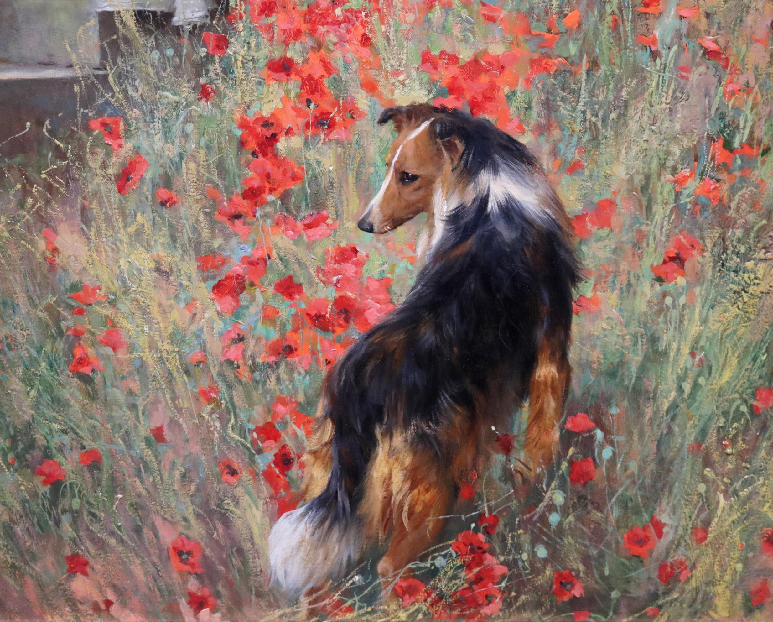 Vigilance Loyalty Devotion - peinture à l'huile édouardienne de la beauté de la société et ses chiens en vente 1