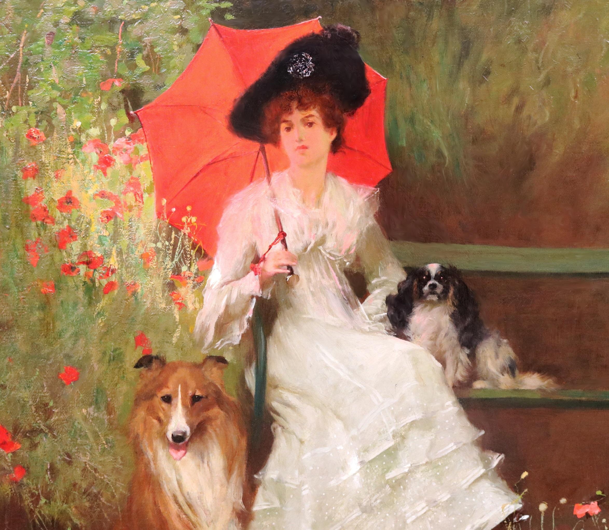Vigilance Loyalty Devotion - Edwardian Oil Painting of Society Beauty & her Dogs For Sale 6