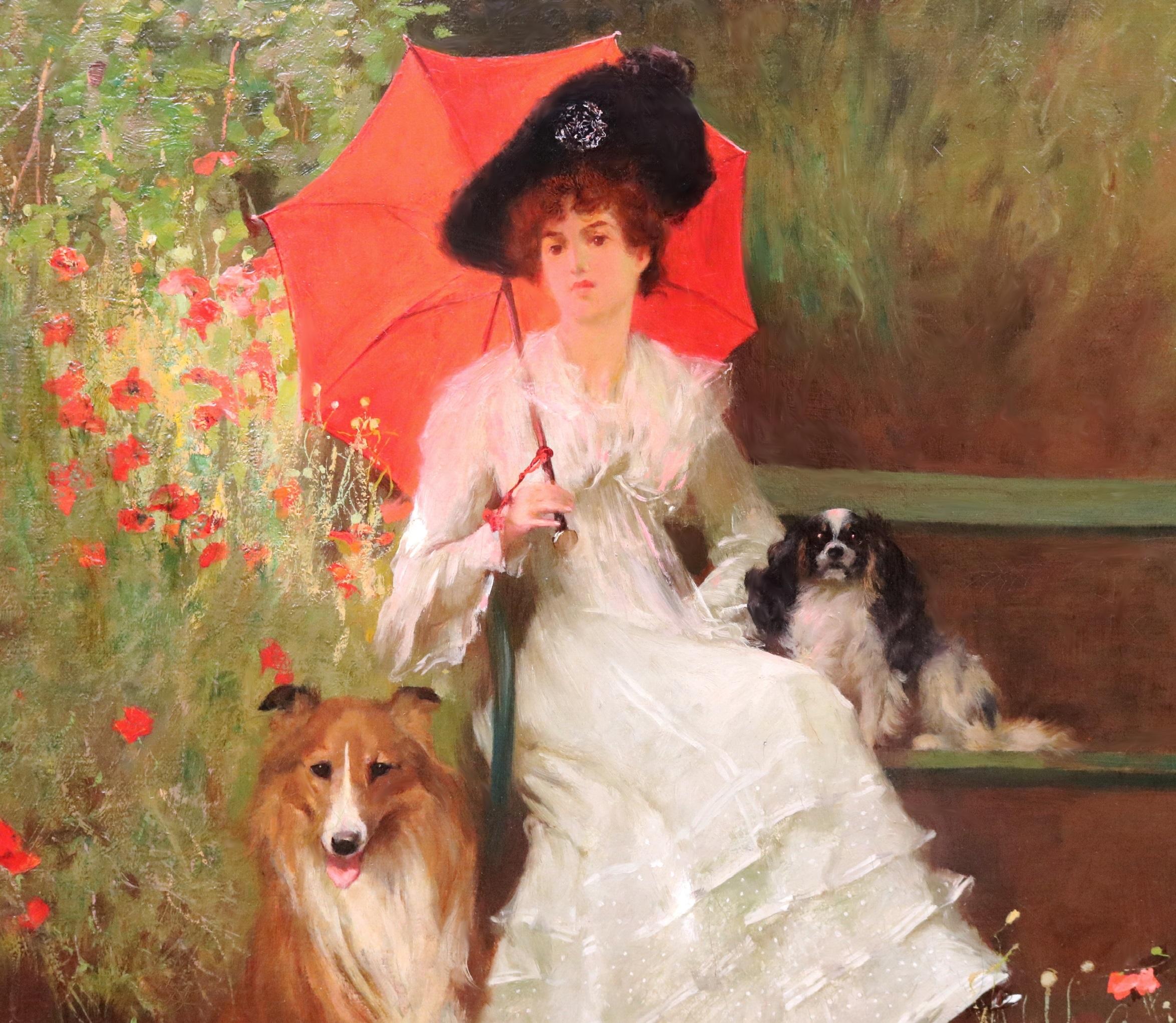 Vigilance Loyalty Devotion - Edwardian Oil Painting of Society Beauty & her Dogs 6