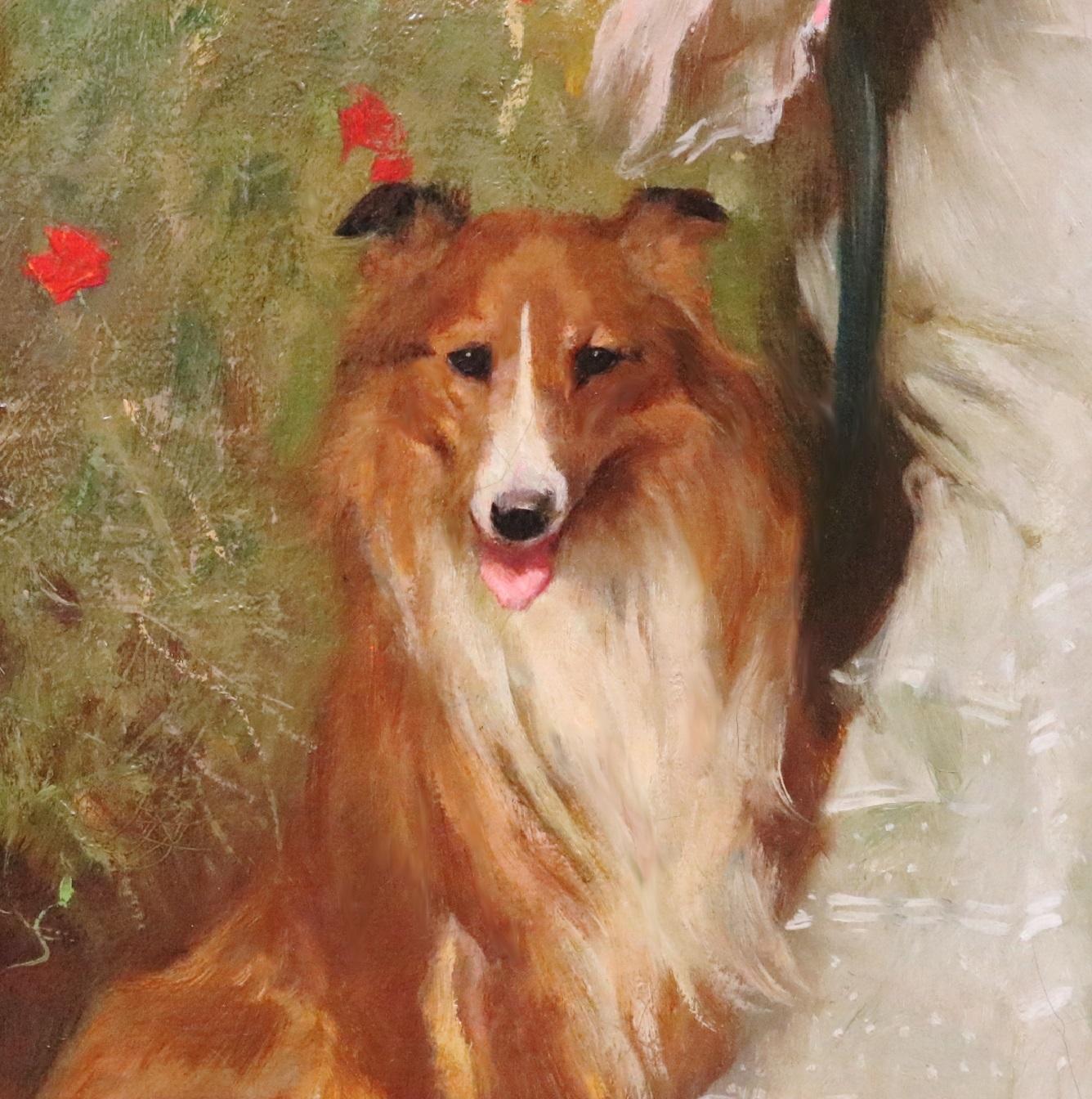 Vigilance Loyalty Devotion - peinture à l'huile édouardienne de la beauté de la société et ses chiens en vente 4