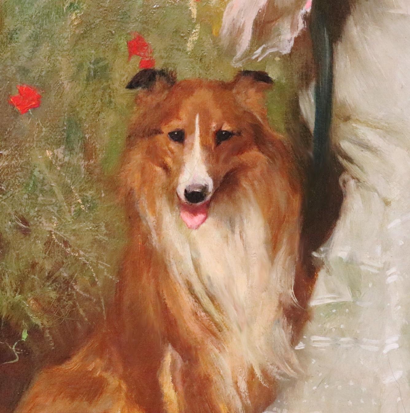 Vigilance Loyalty Devotion - Edwardian Oil Painting of Society Beauty & her Dogs 7
