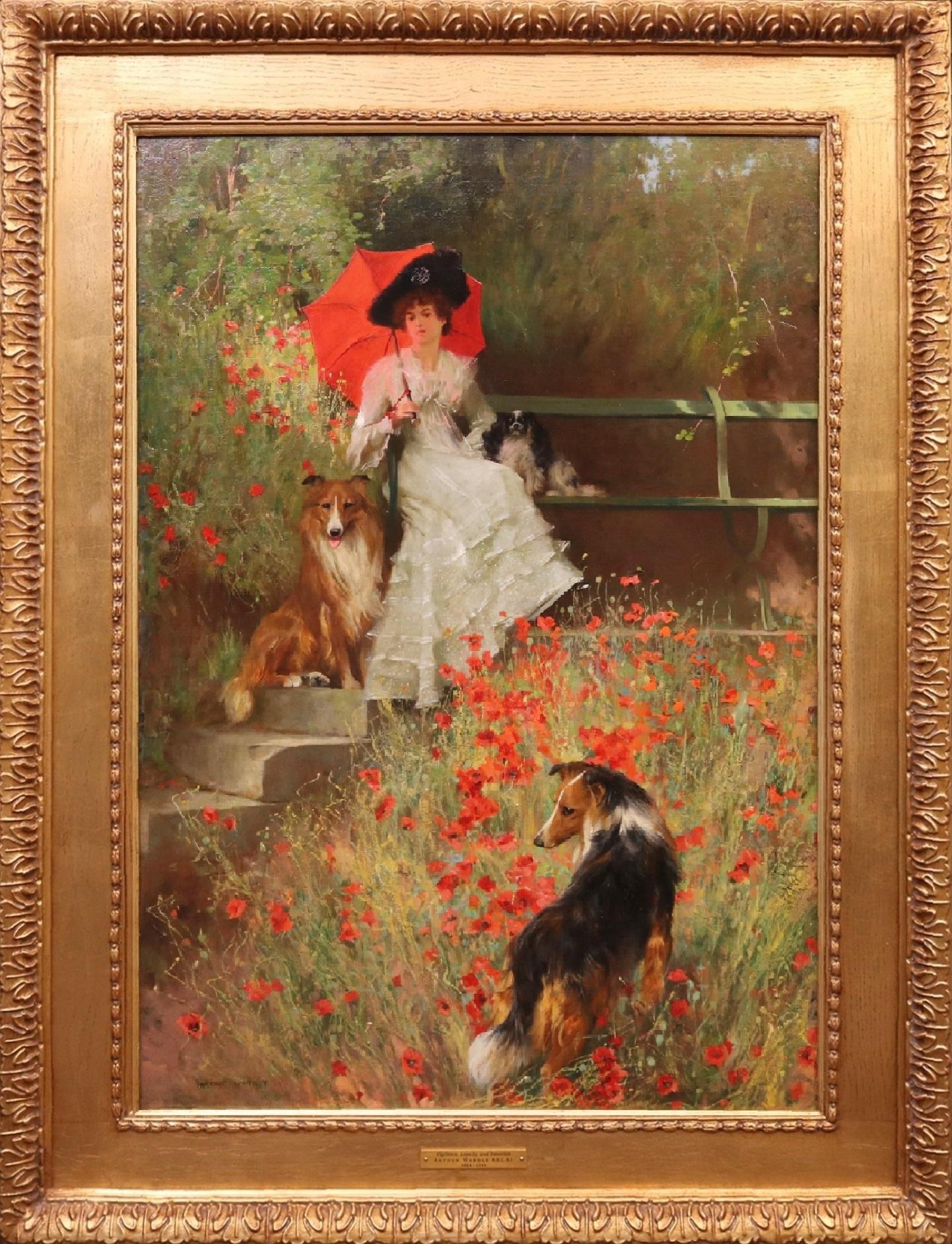 ‘Vigilance, Loyalty, and Devotion’ by Arthur Wardle R.B.C. R.I. (1864-1949).

The painting – which depicts a young Edwardian beauty with parasol surrounded by poppies and three faithful canine companions – is signed by the artist and hangs in a fine