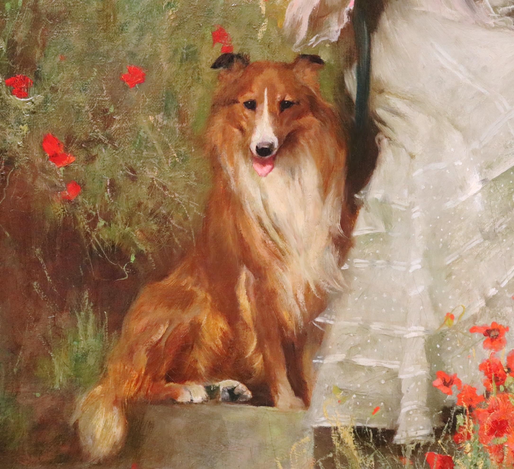 Vigilance Loyalty Devotion - Large Edwardian Oil Painting Society Beauty & Dogs For Sale 3