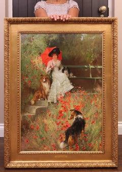 Antique Vigilance Loyalty Devotion - Large Edwardian Oil Painting Society Beauty & Dogs