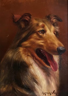 Portrait of a Collie Dog, signed original oil painting
