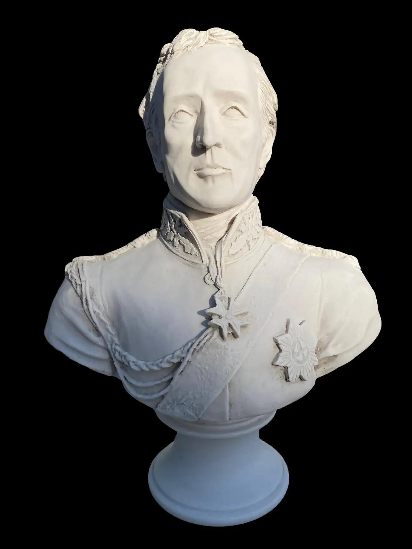 A stunning Arthur Wellesley, 1st Duke of Wellington bust sculpture, 20th century.

Arthur Wellesley, 1st Duke of Wellington, KG, GCB, GCH, PC, FRS (1 May 1769 – 14 September 1852) was an Anglo-Irish soldier and Tory statesman who was one of the