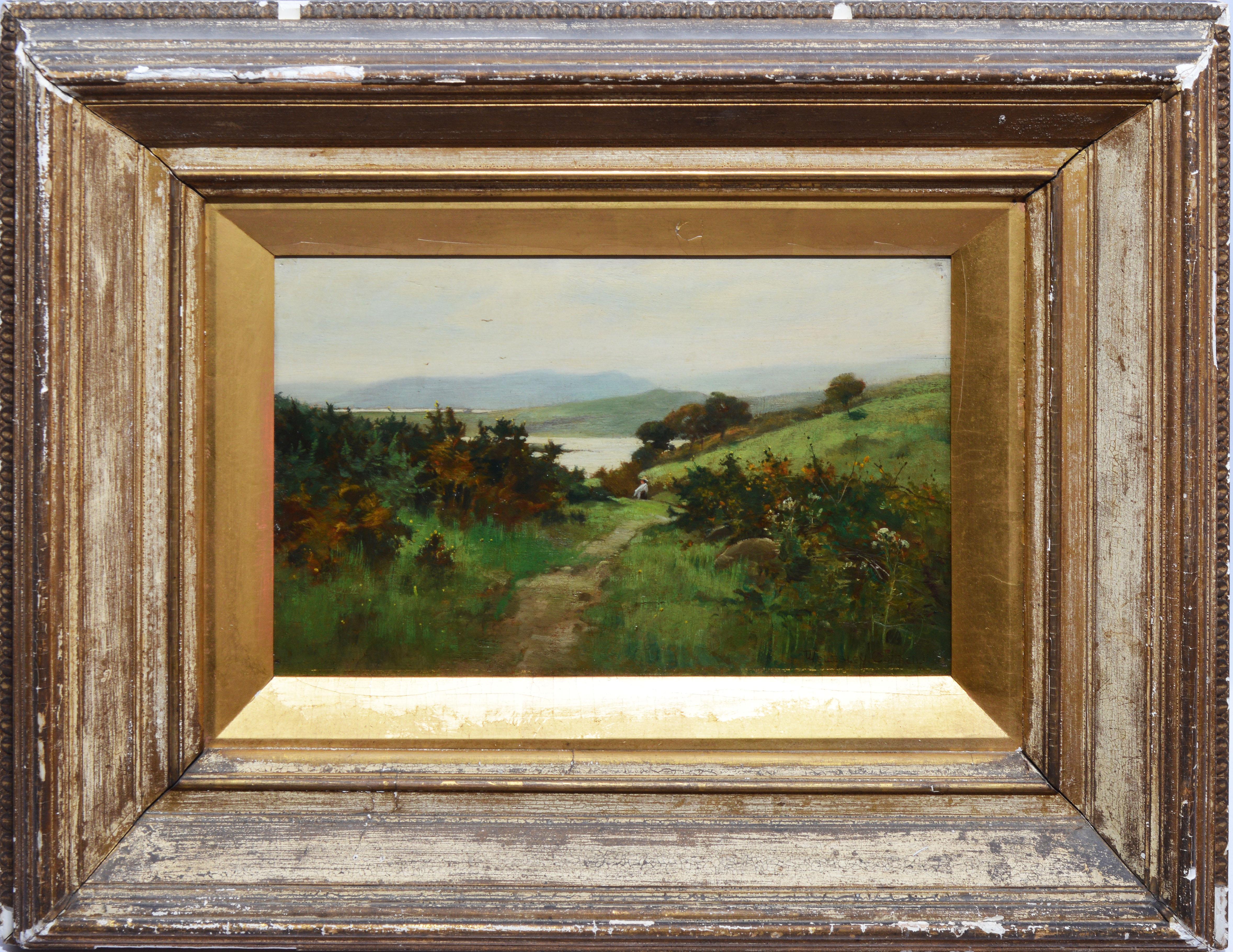 Antique English landscape painting with wild flowers by Arthur Wellesley Cottrell  (fl. 1872-1913).  Oil on board, circa 1880.  Signed lower right.  Displayed in a giltwood frame.  Image, 12"L x 8"H, overall 21"L x 17"H.