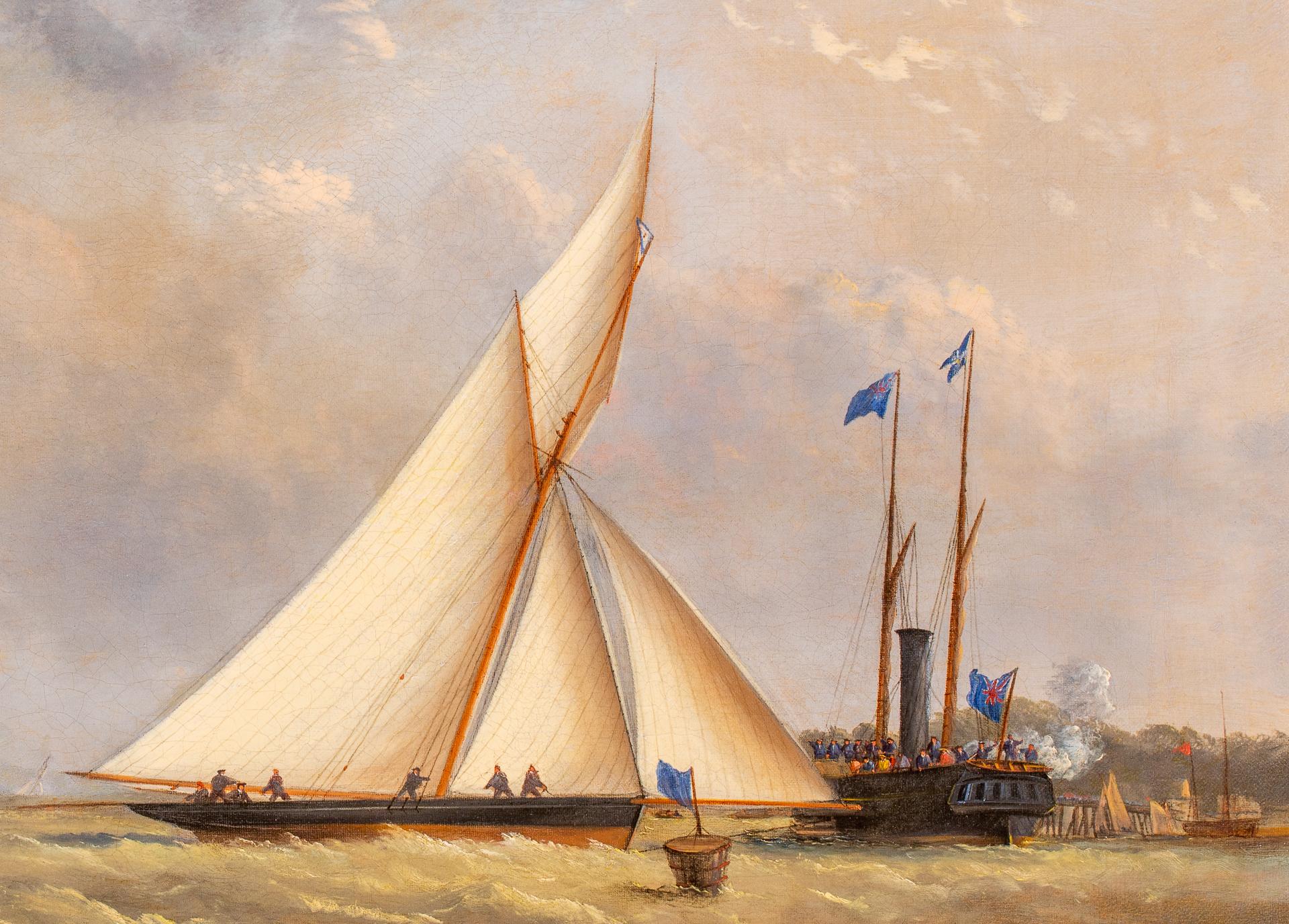 The premier artist of yacht racing in the south of England, Arthur Wellington Fowles captures the victory of the Cutter SPHINX in the first regatta of the Royal Albert Yacht Club in 1866, winning the Albert Cup.

SPHINX was a 47 ton cutter owned by