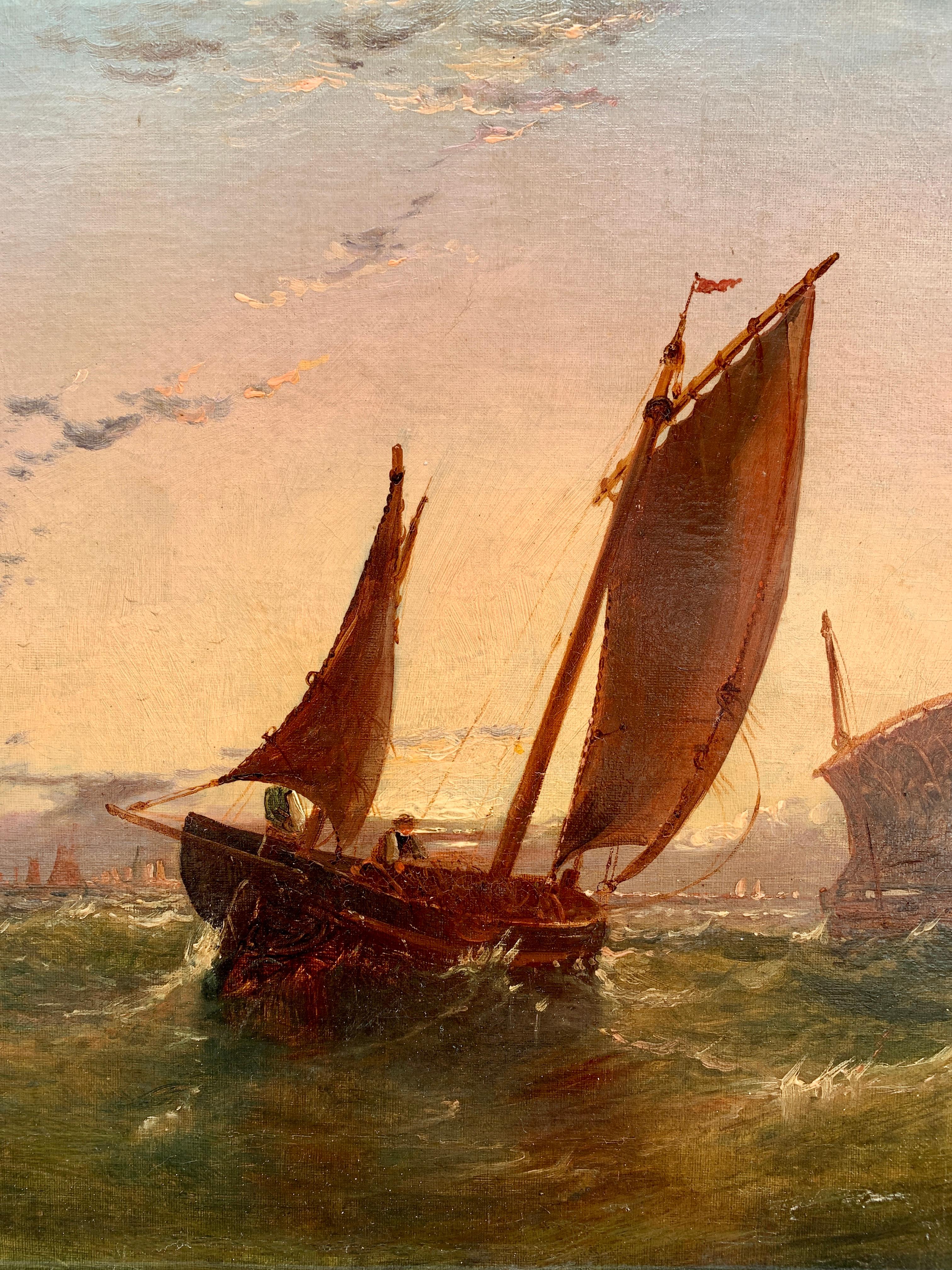 Antique English 19th century oil of fishing boats at sea, with the sun setting - Painting by Arthur Wilde Parsons 