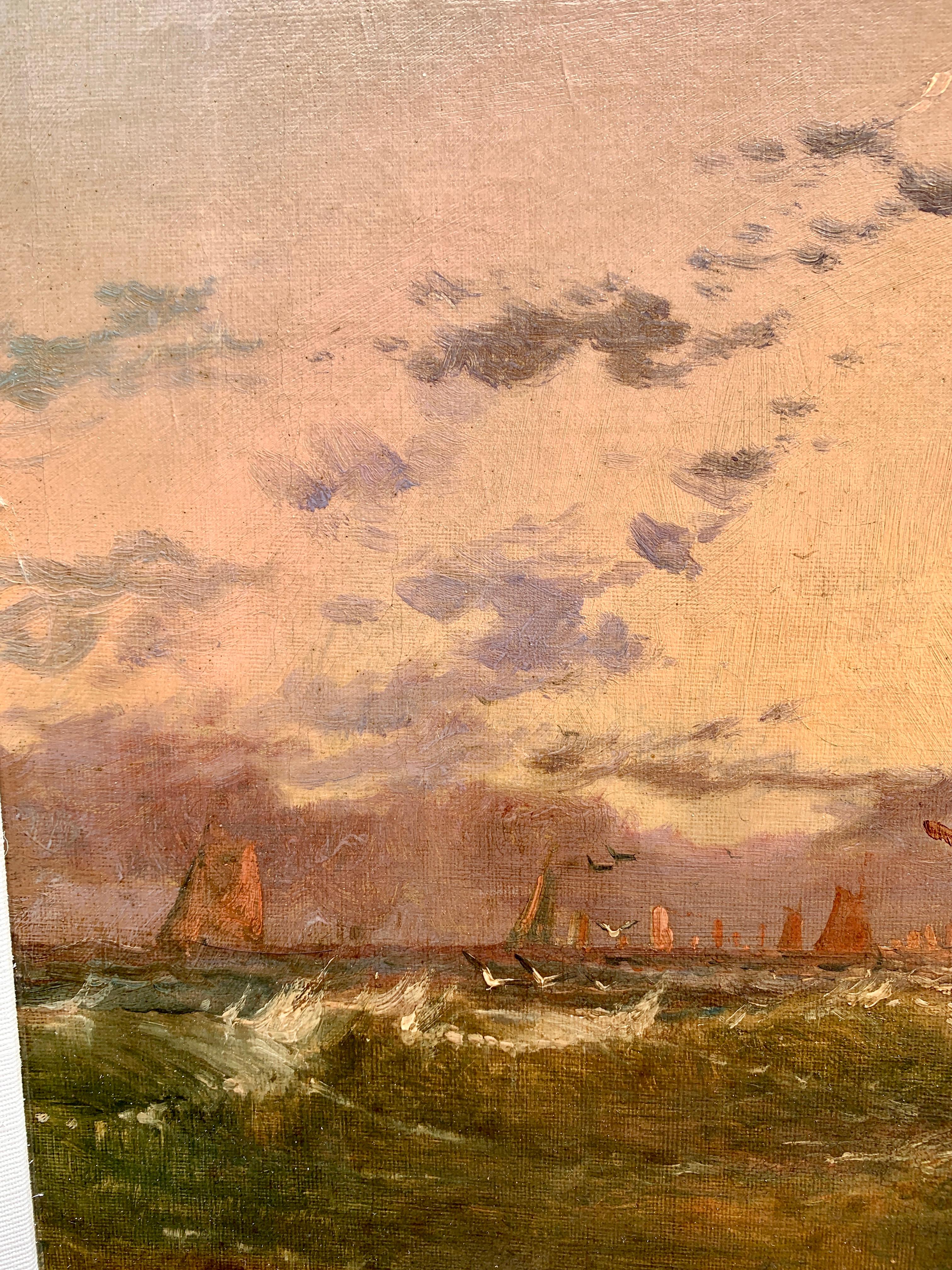 Antique English 19th century oil of fishing boats at sea, with the sun setting - Victorian Painting by Arthur Wilde Parsons 