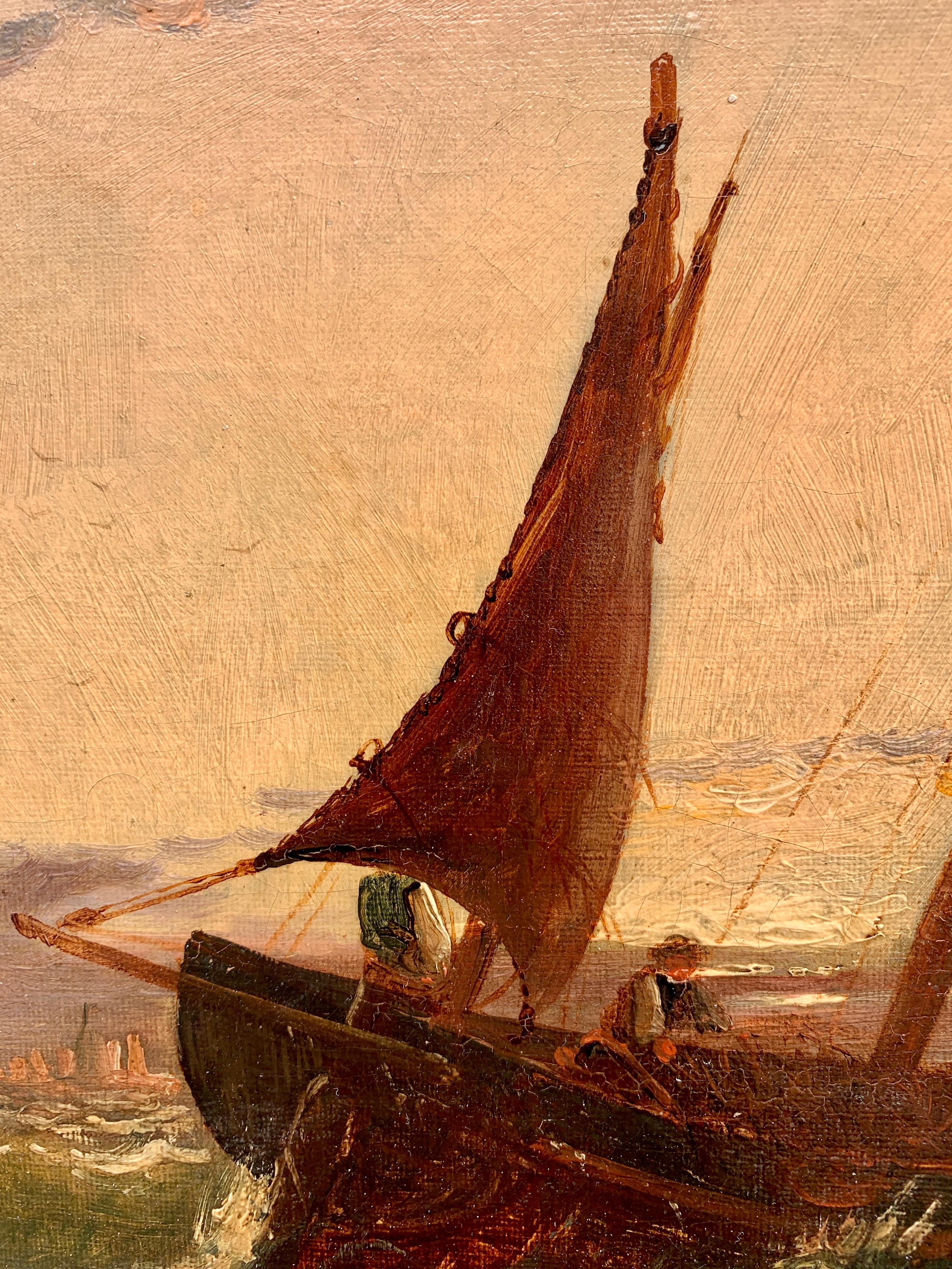 Antique English 19th century oil of fishing boats at sea, with the sun setting - Brown Landscape Painting by Arthur Wilde Parsons 