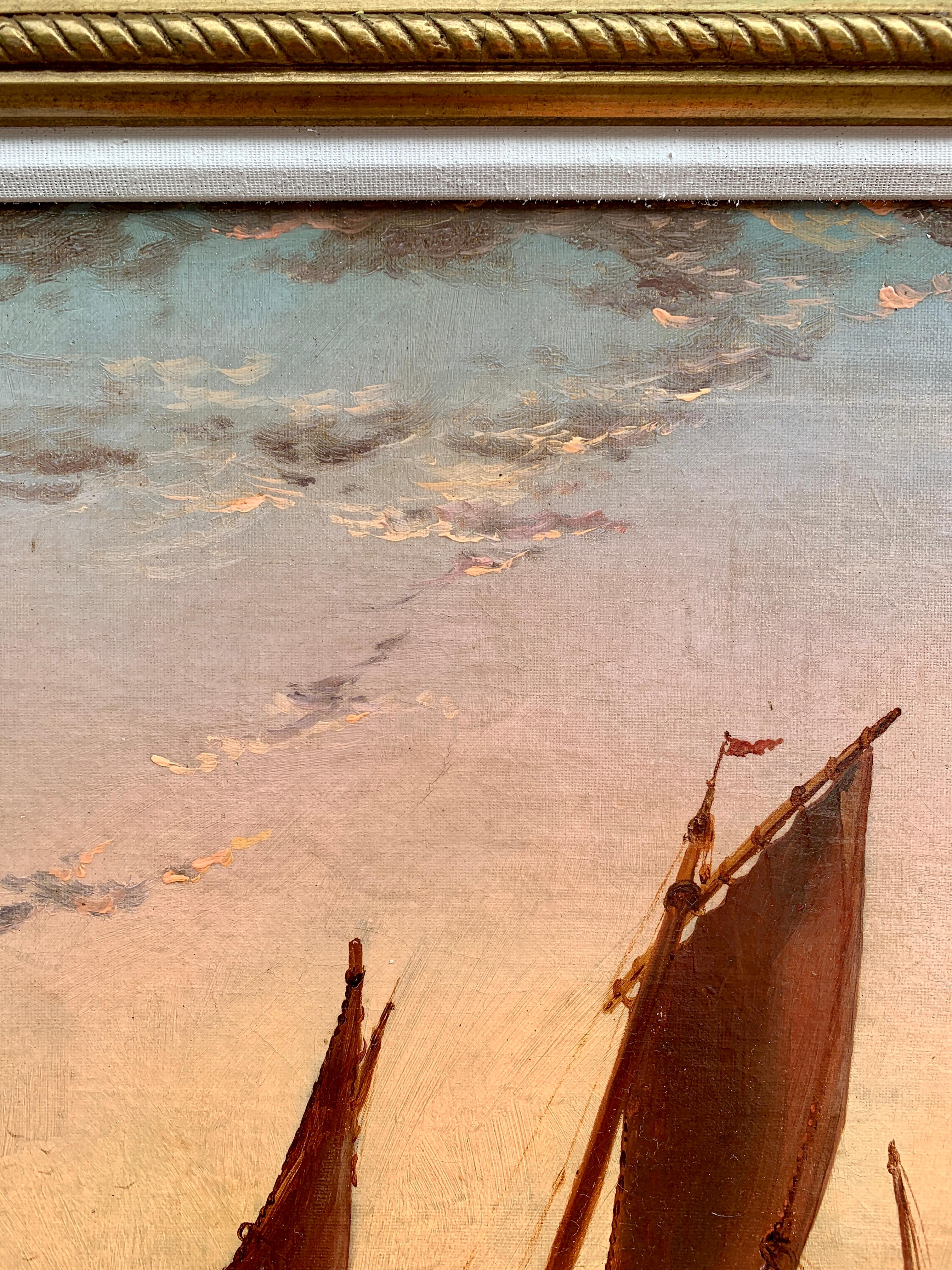 Antique English 19th century oil of fishing boats at sea, with the sun setting.

 Wilde Parsons, was born at Stapleton, Gloucestershire in 1854, son of John Dungate Feather Stonehaugh Parsons, a musician, and his wife Jane née Taylor, who married at