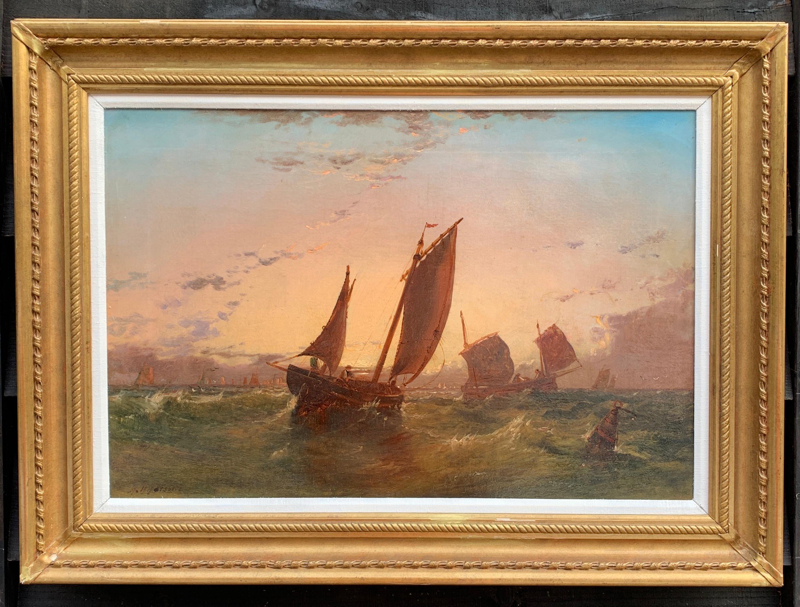 Arthur Wilde Parsons  Landscape Painting - Antique English 19th century oil of fishing boats at sea, with the sun setting