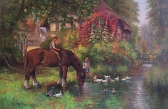 The Village Stream, Impressionist Edwardian Oil Painting, Signed