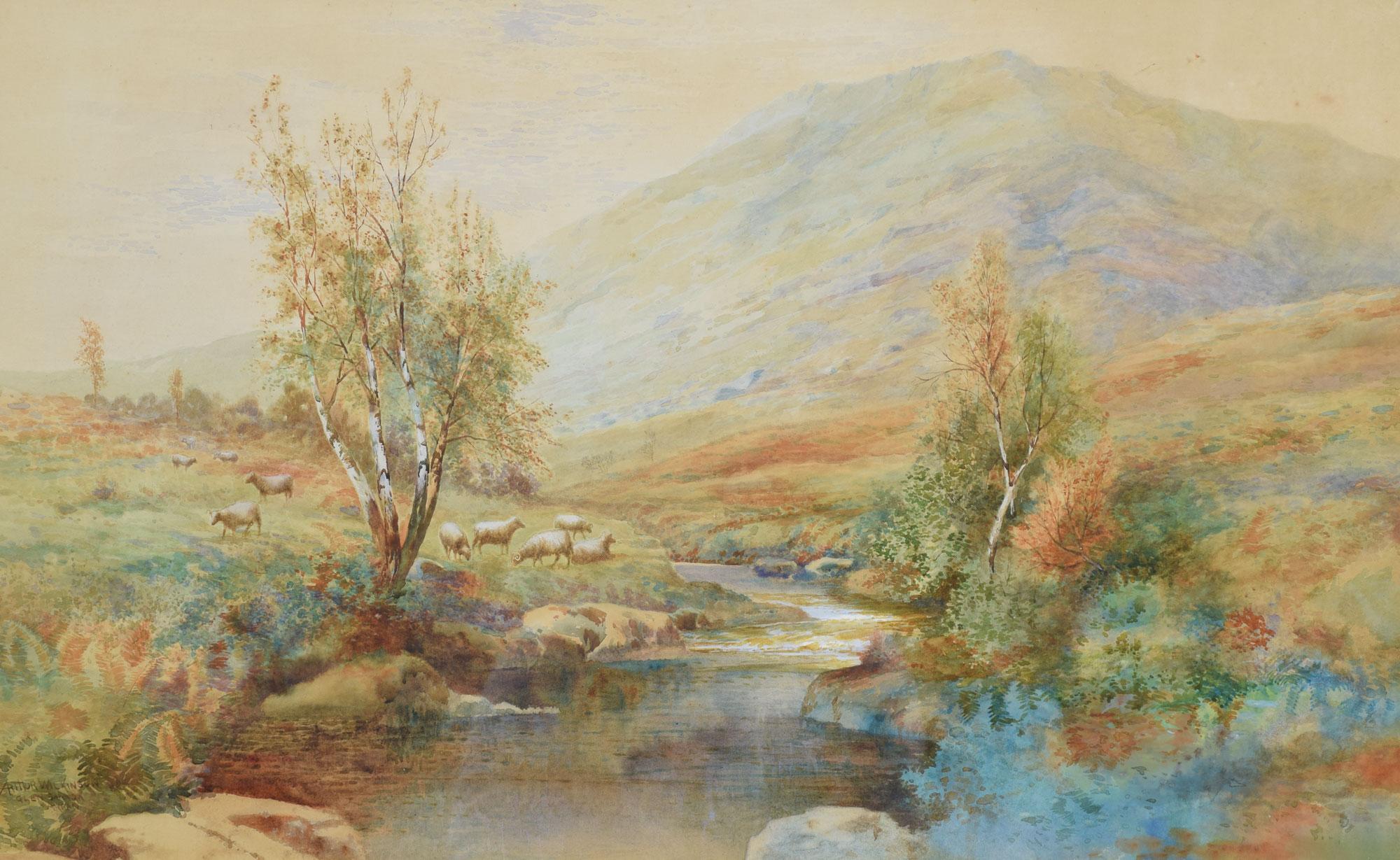 Large early 20th century landscape watercolor inscribed Glen Gannon Arran enclosed in a painted frame.
Dimensions
Height 27 inches
Length 38 inches
width 2 inches.