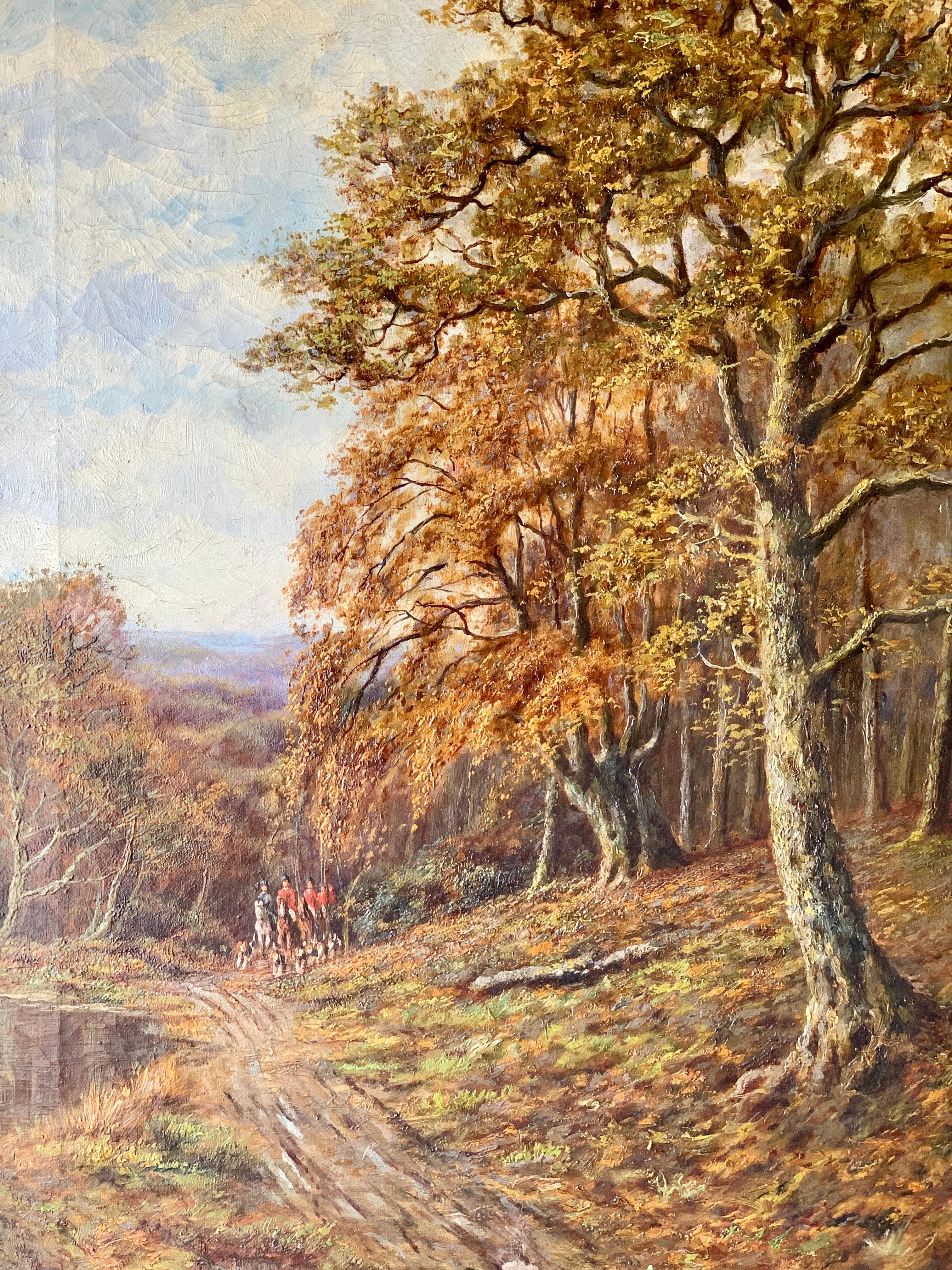 Englische Landschaft des frühen 20. Jahrhunderts mit Fuchs Jägern, Hunden auf Pferderücken – Painting von Arthur Willett