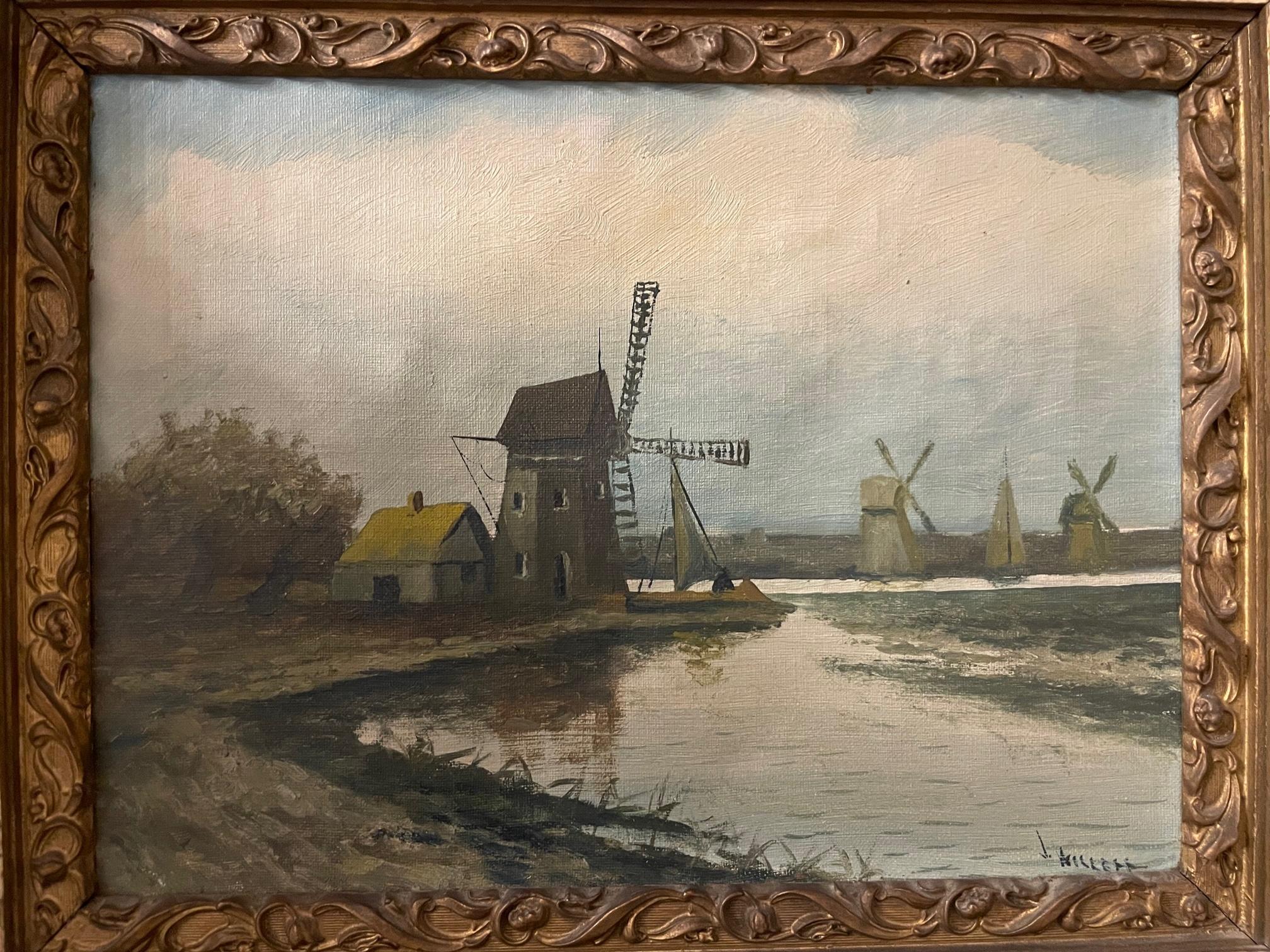 Windmill landscape - Painting by Arthur Willett