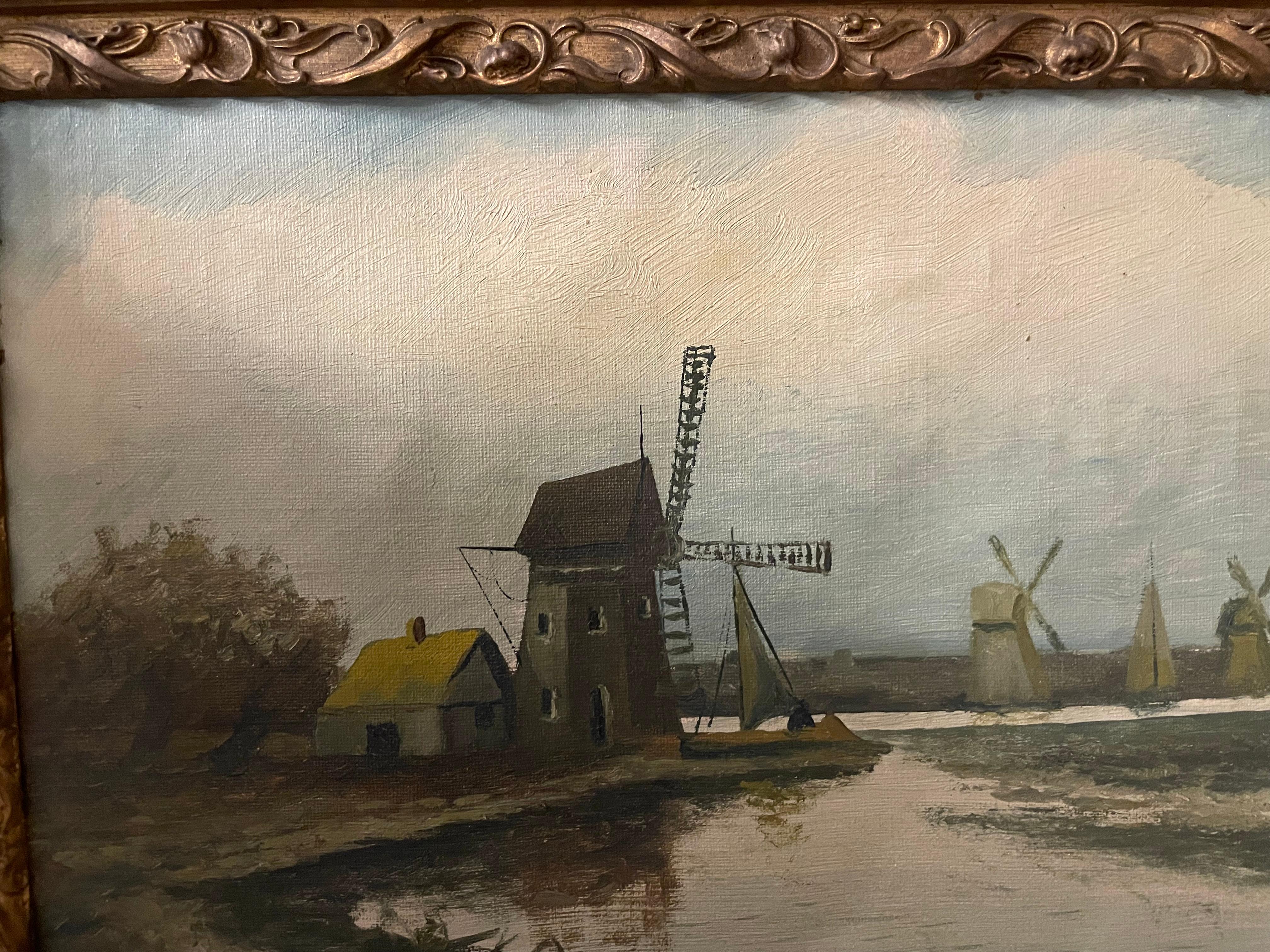 Paysage de moulins à vent - Naturalisme Painting par Arthur Willett