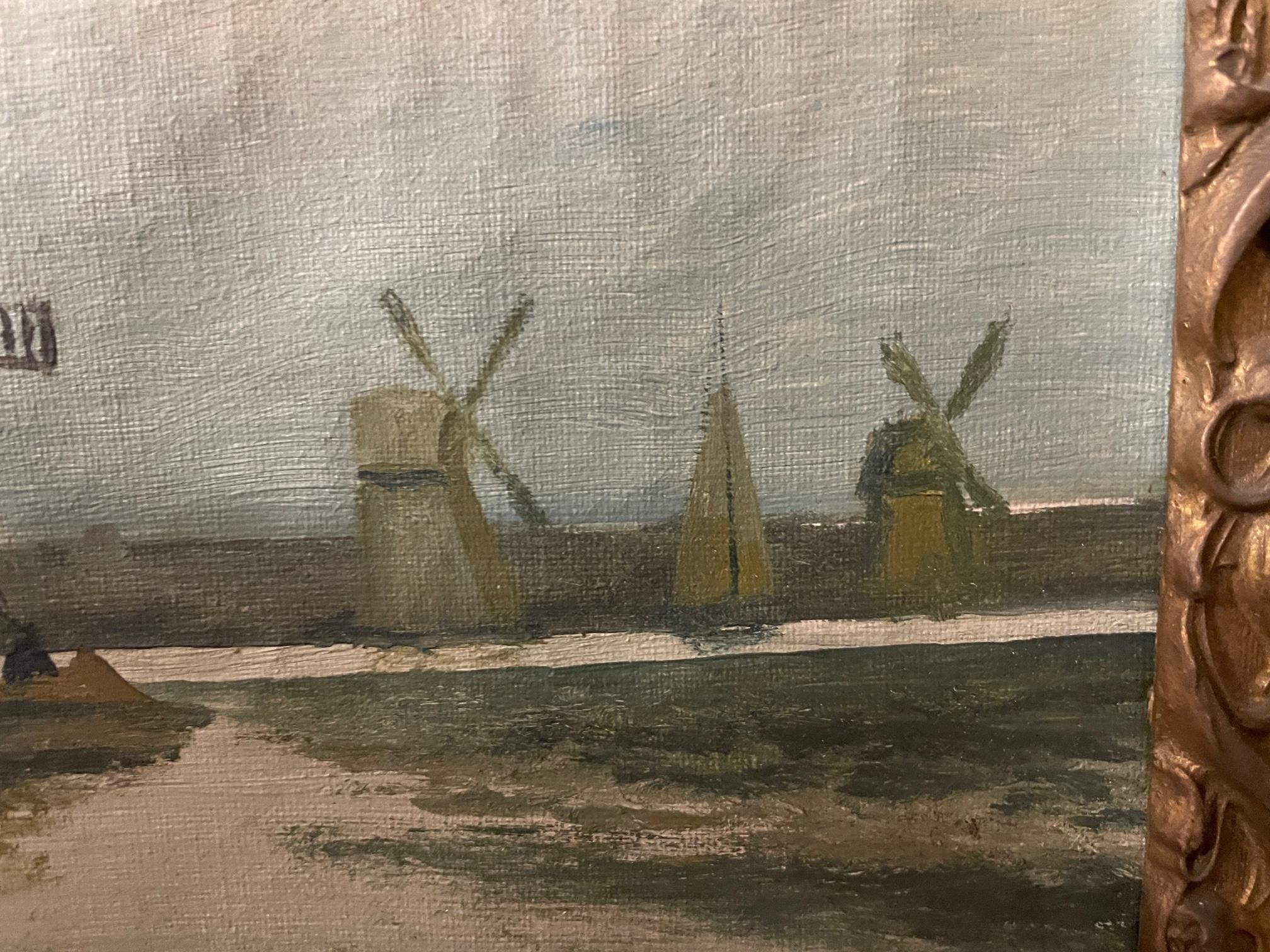 Paysage de moulins à vent - Marron Landscape Painting par Arthur Willett