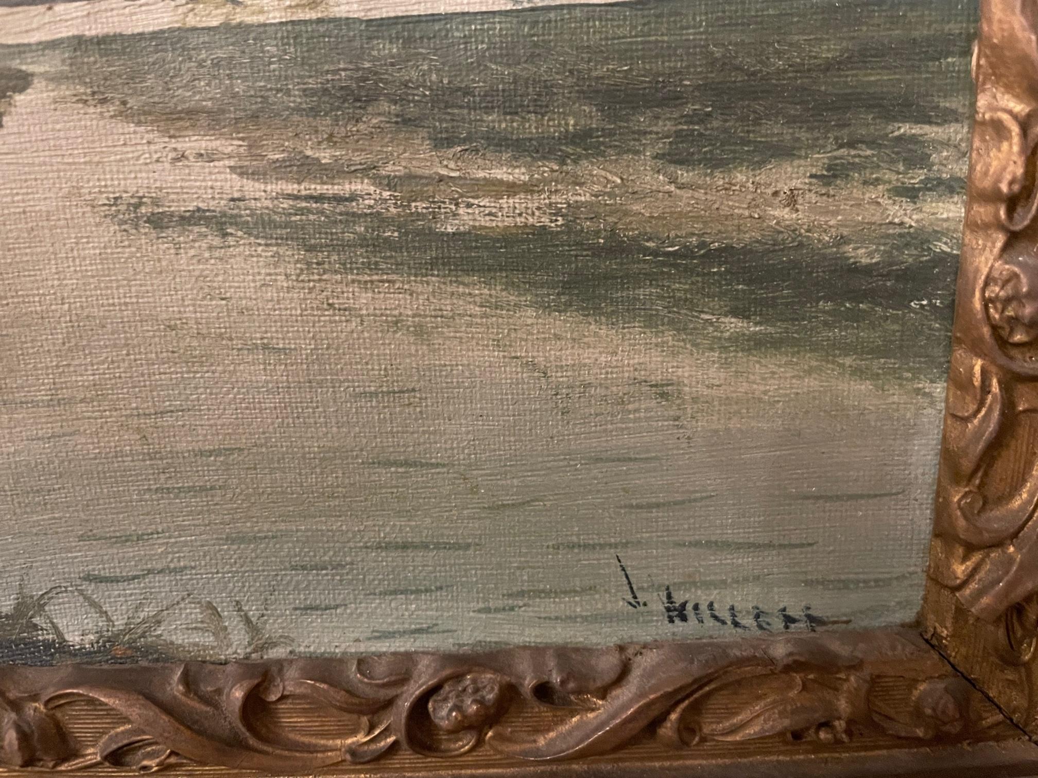  Charmante peinture à l'huile sur toile du 19ème siècle/20ème siècle dans un cadre en bois sculpté, signée A. Willett dans le coin inférieur droit. Arthur Willett (1868-1951) est connu pour ses paysages peints à l'aquarelle et à l'huile, souvent de