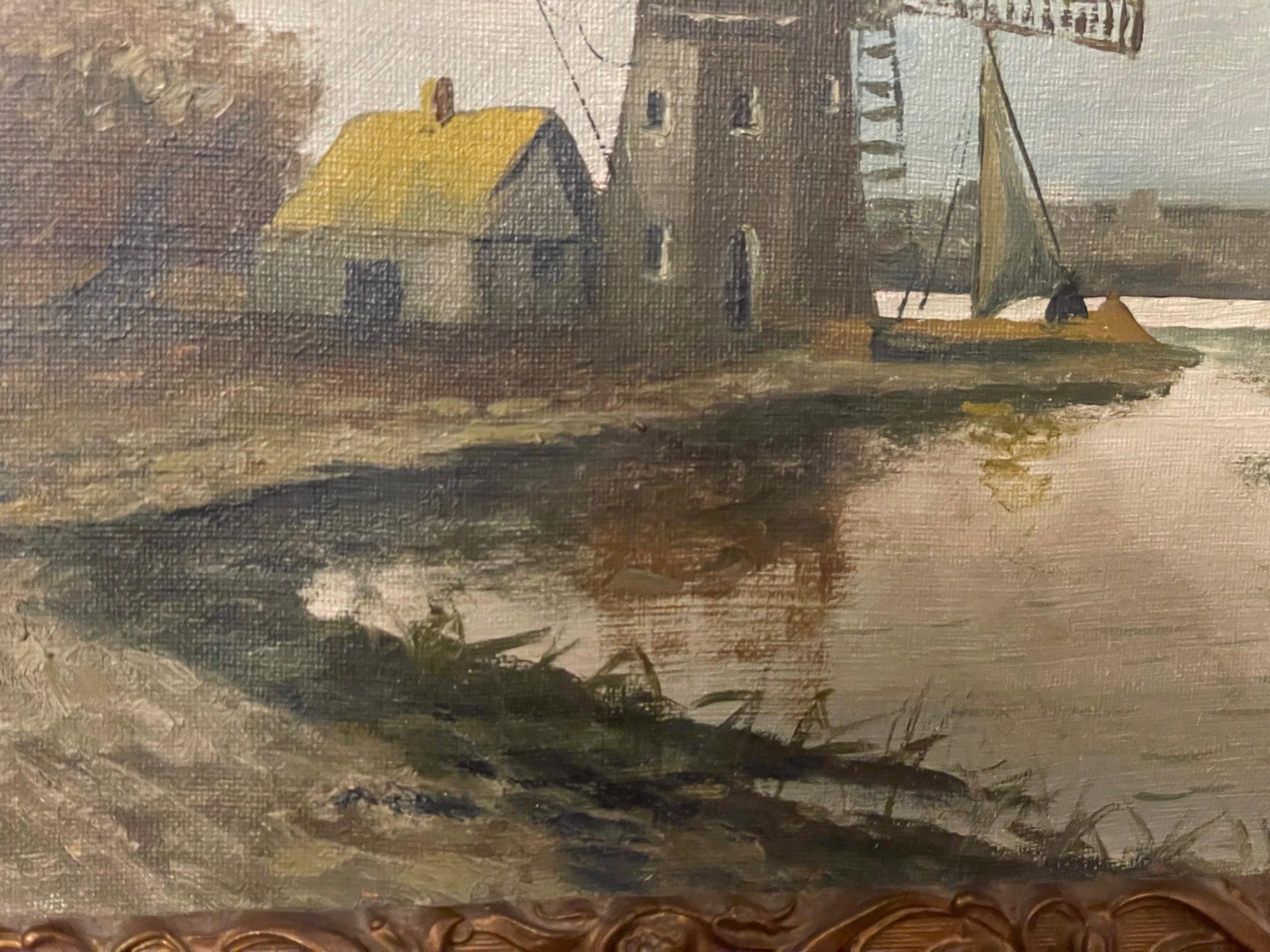 Windmill landscape - Brown Landscape Painting by Arthur Willett