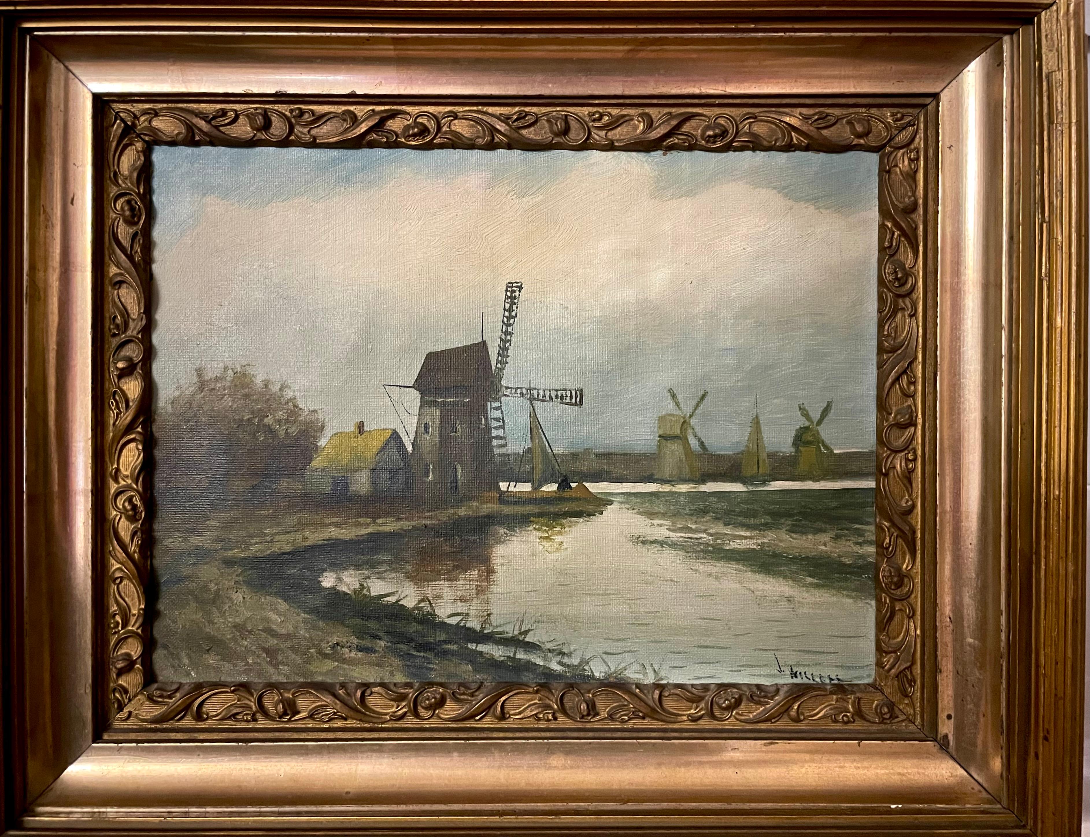 Landscape Painting Arthur Willett - Paysage de moulins à vent