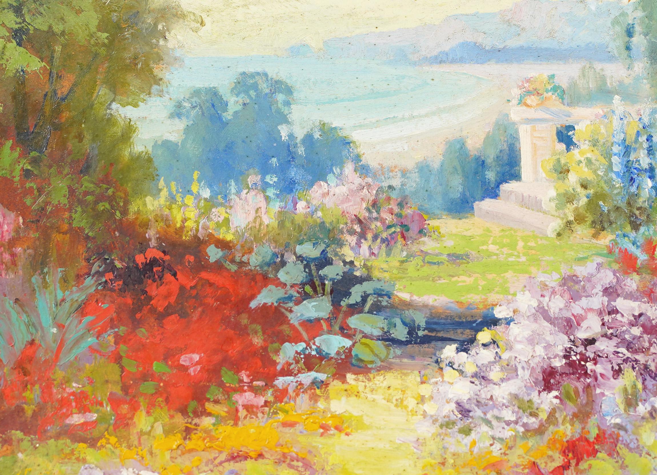 Arthur Best Impressionist Signed Flower Garden Landscape Rare Oil Painting - Brown Landscape Painting by Arthur William Best 