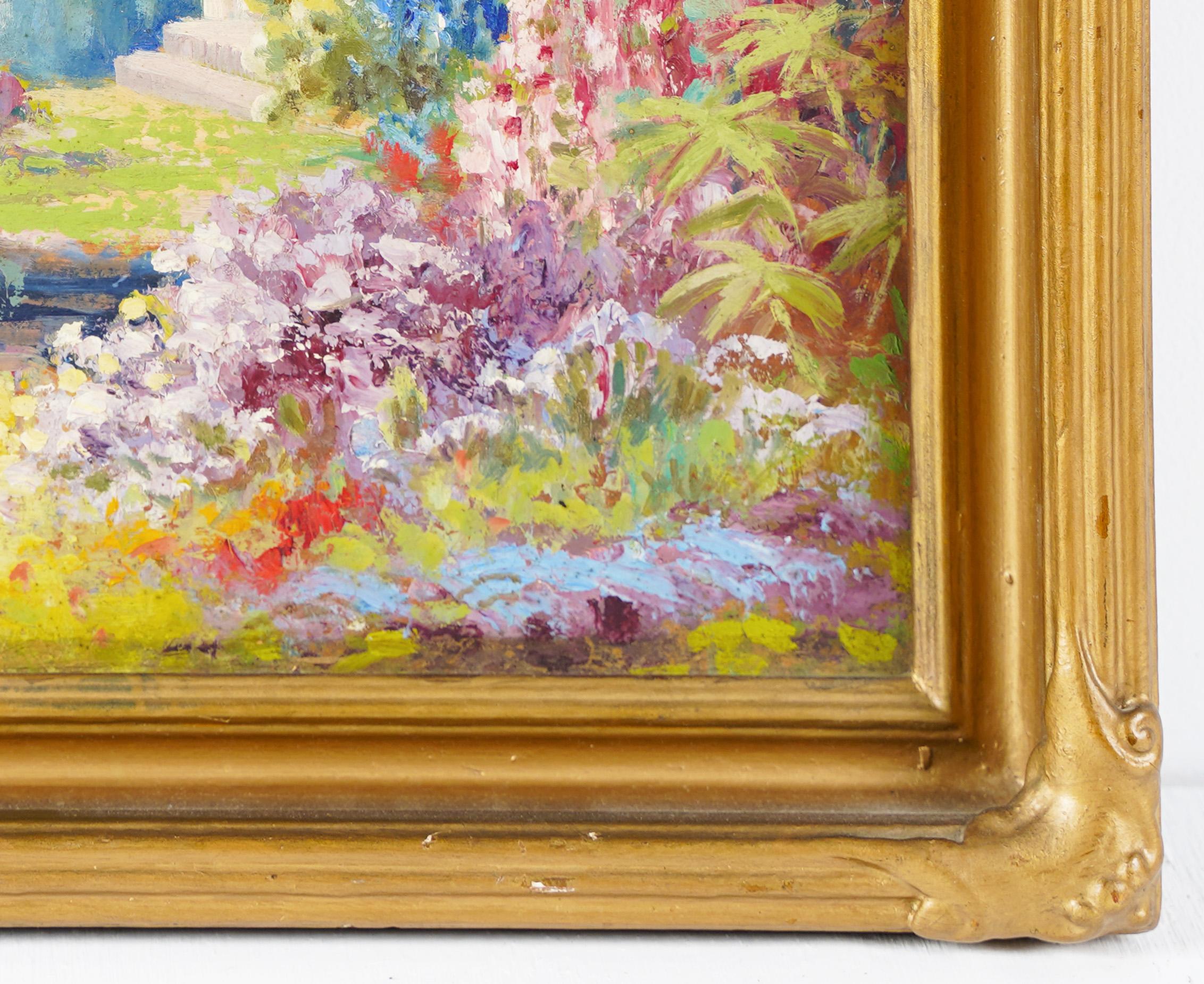 Antique American impressionist flower landscape painting by Arthur William Best (1859 - 1935).  Oil on board.  Signed.  Framed.  Image size, 14L x 10H.