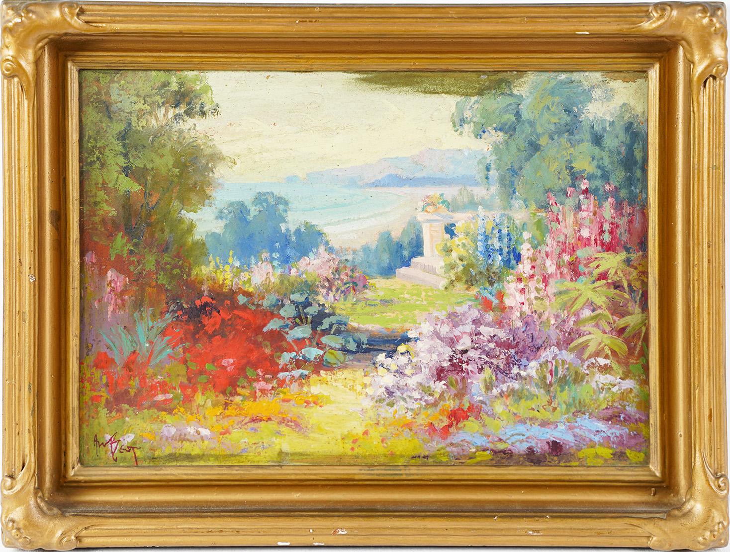 Arthur William Best  Landscape Painting – Seltene Ölgemälde "Blumengarten-Landschaft" von Arthur Best Impressionist, signiert